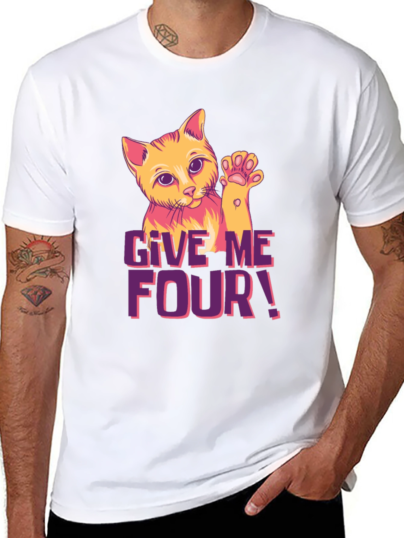 Give Me Four! Cat Graphic Black T-Shirt
