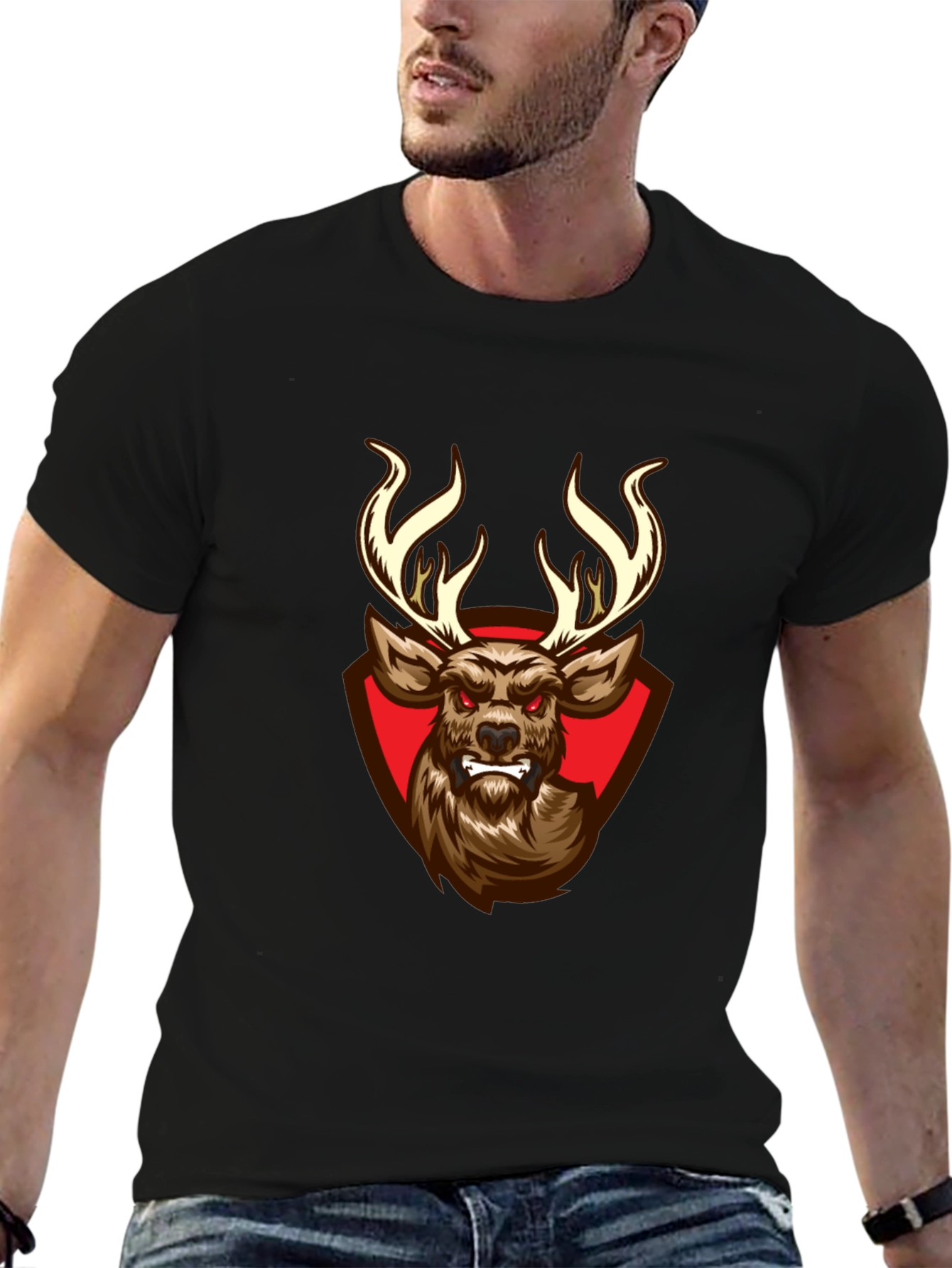 Black T-Shirt with Aggressive Deer Graphic