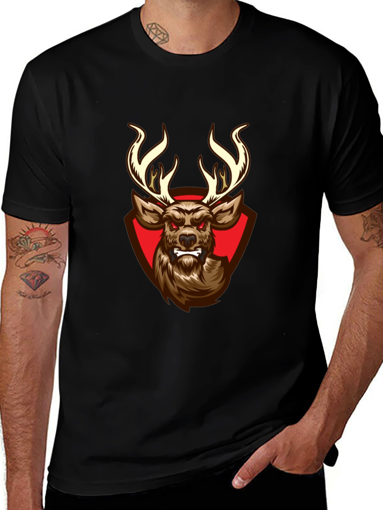 Black T-Shirt with Aggressive Deer Graphic