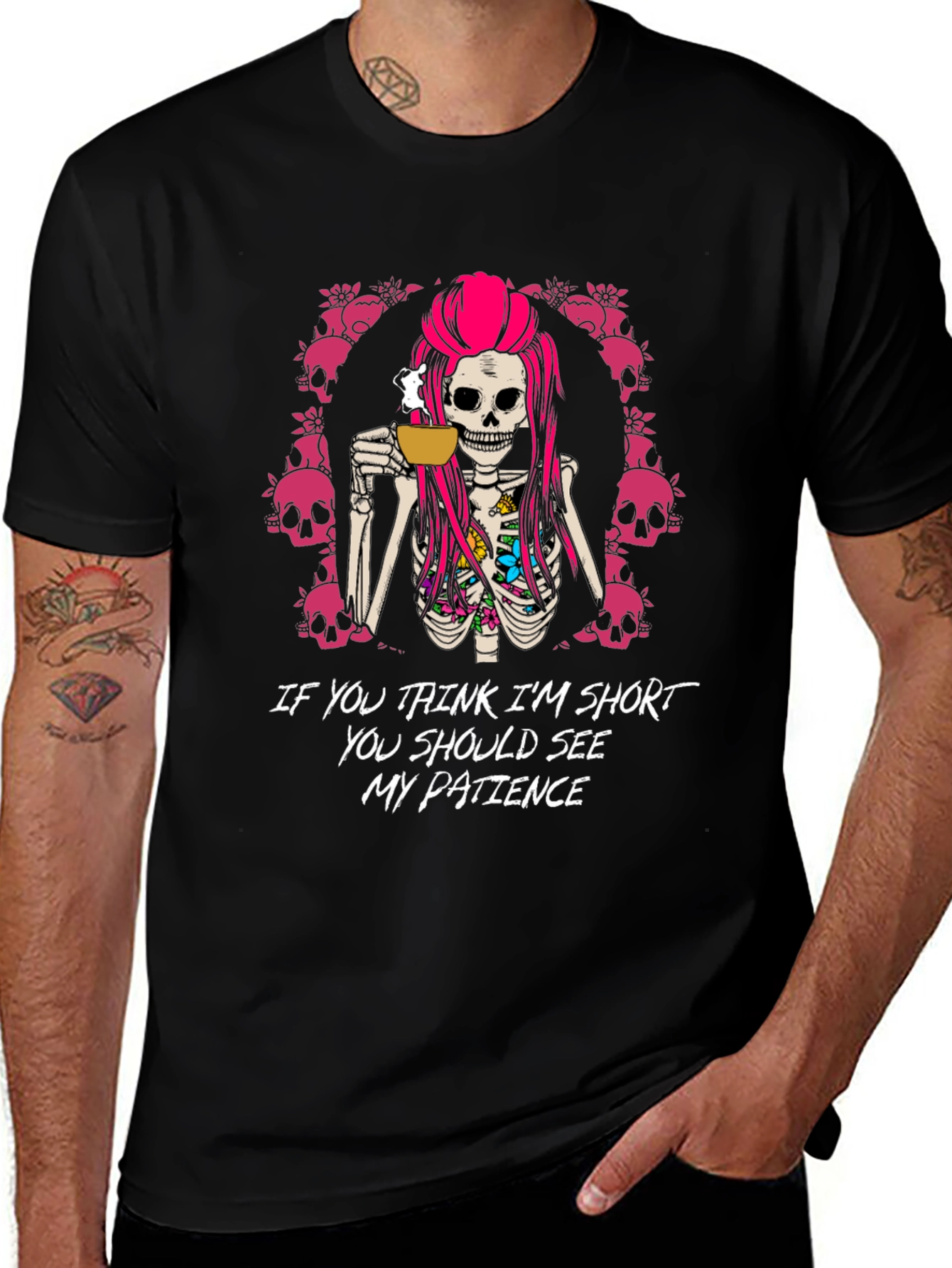 Funny Skeleton Coffee T-Shirt - Short Patience