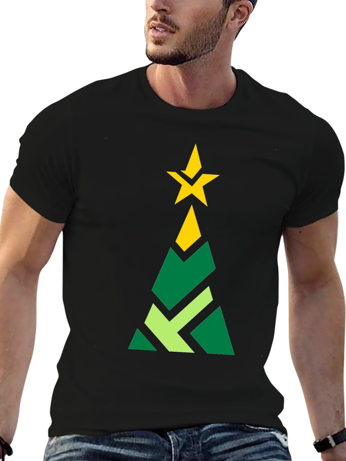 Geometric Christmas Tree Graphic Tee - Black