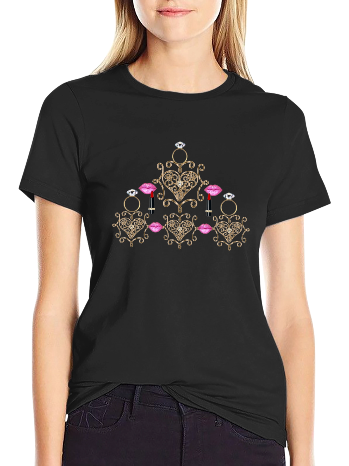 Glamorous Heart & Jewel Print Black T-Shirt
