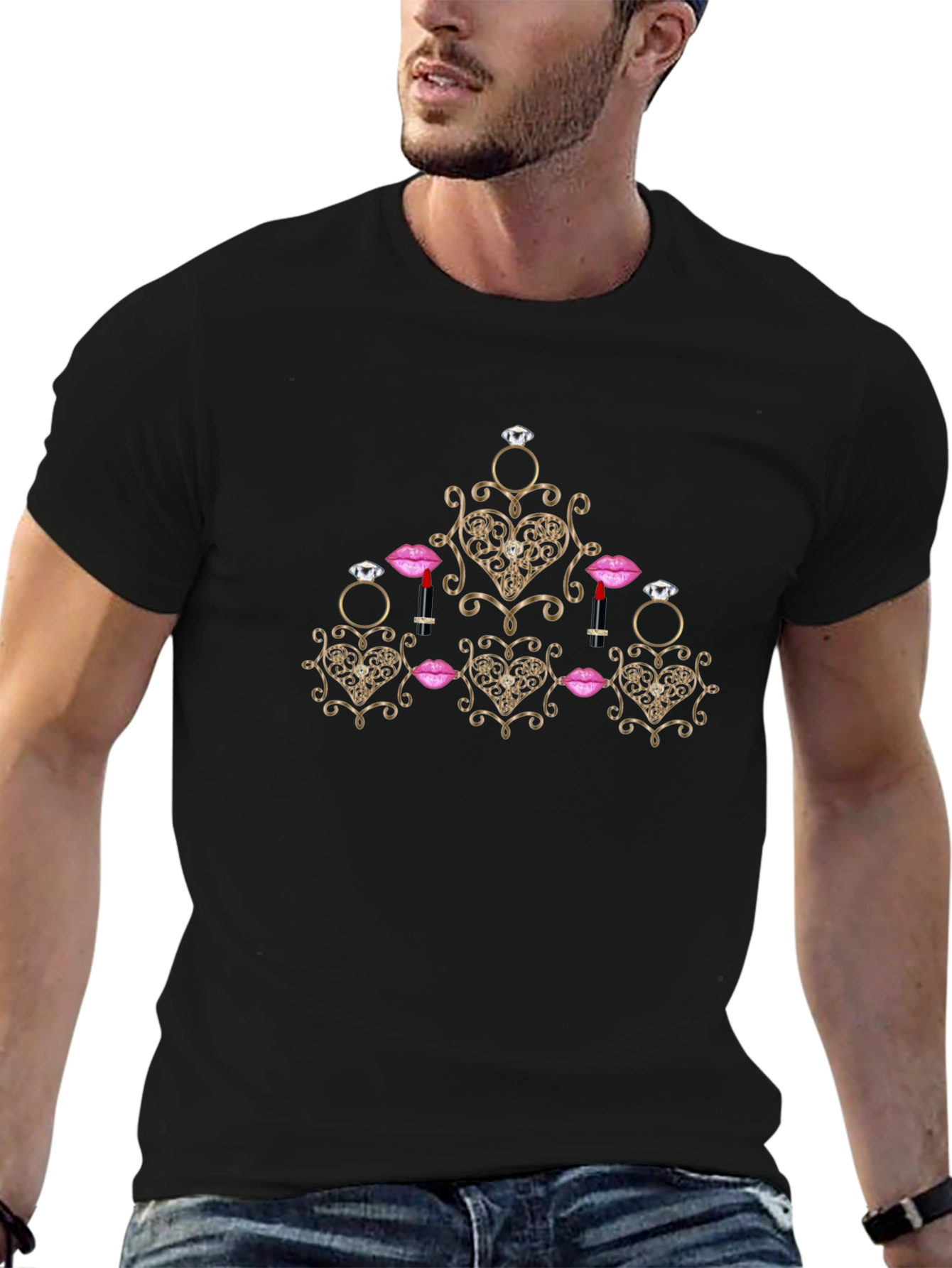 Glamorous Heart & Jewel Print Black T-Shirt