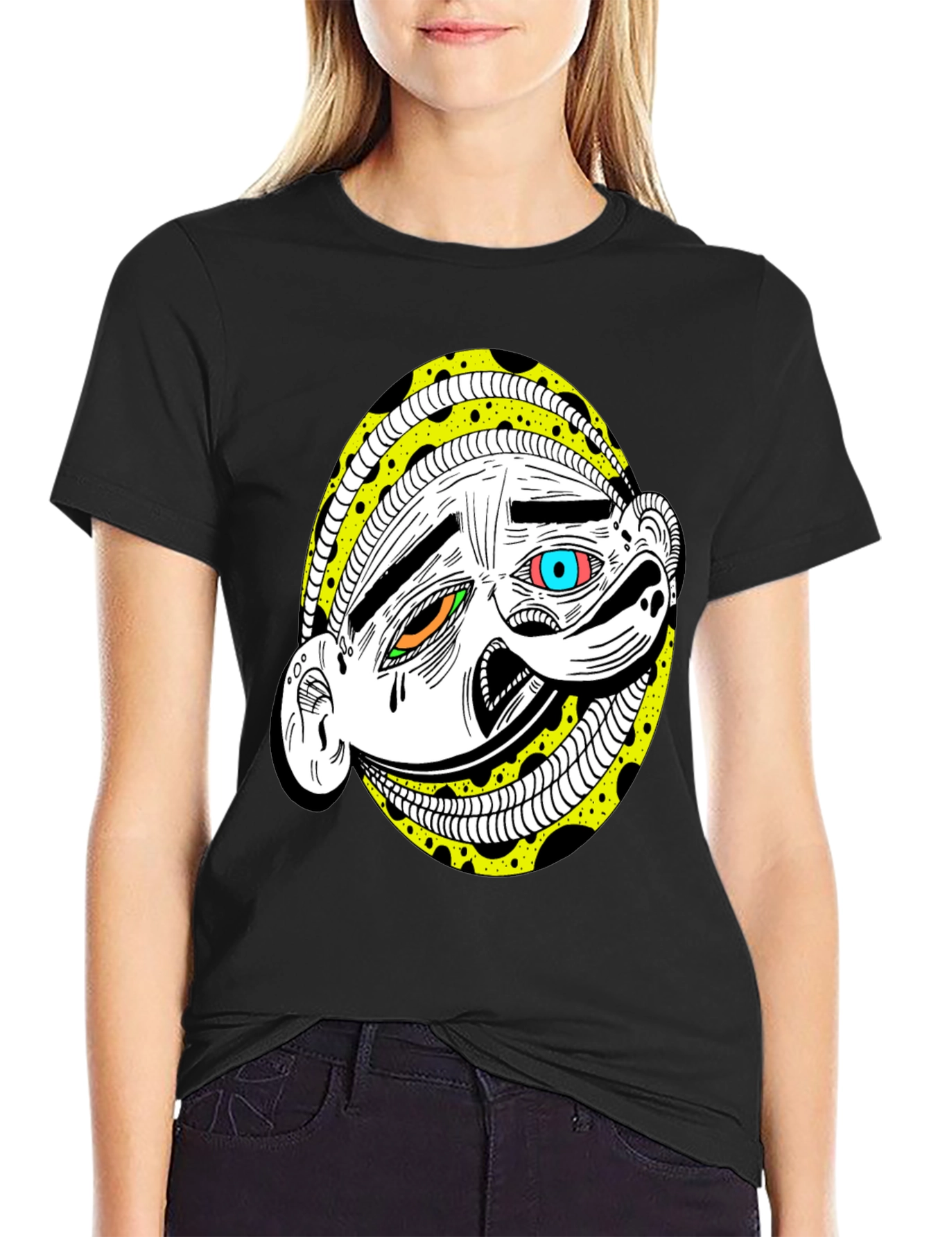 Abstract Cartoon Face Graphic Tee - Black