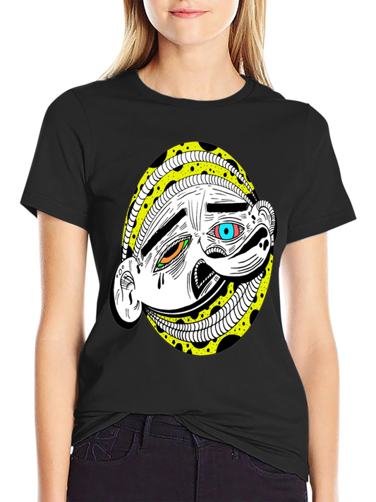 Abstract Cartoon Face Graphic Tee - Black