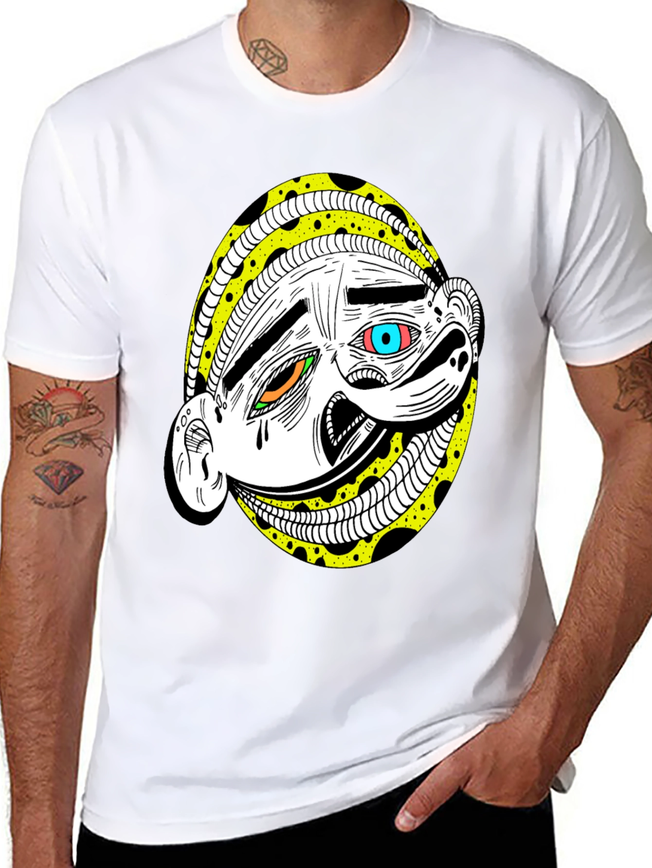 Abstract Cartoon Face Graphic Tee - Black