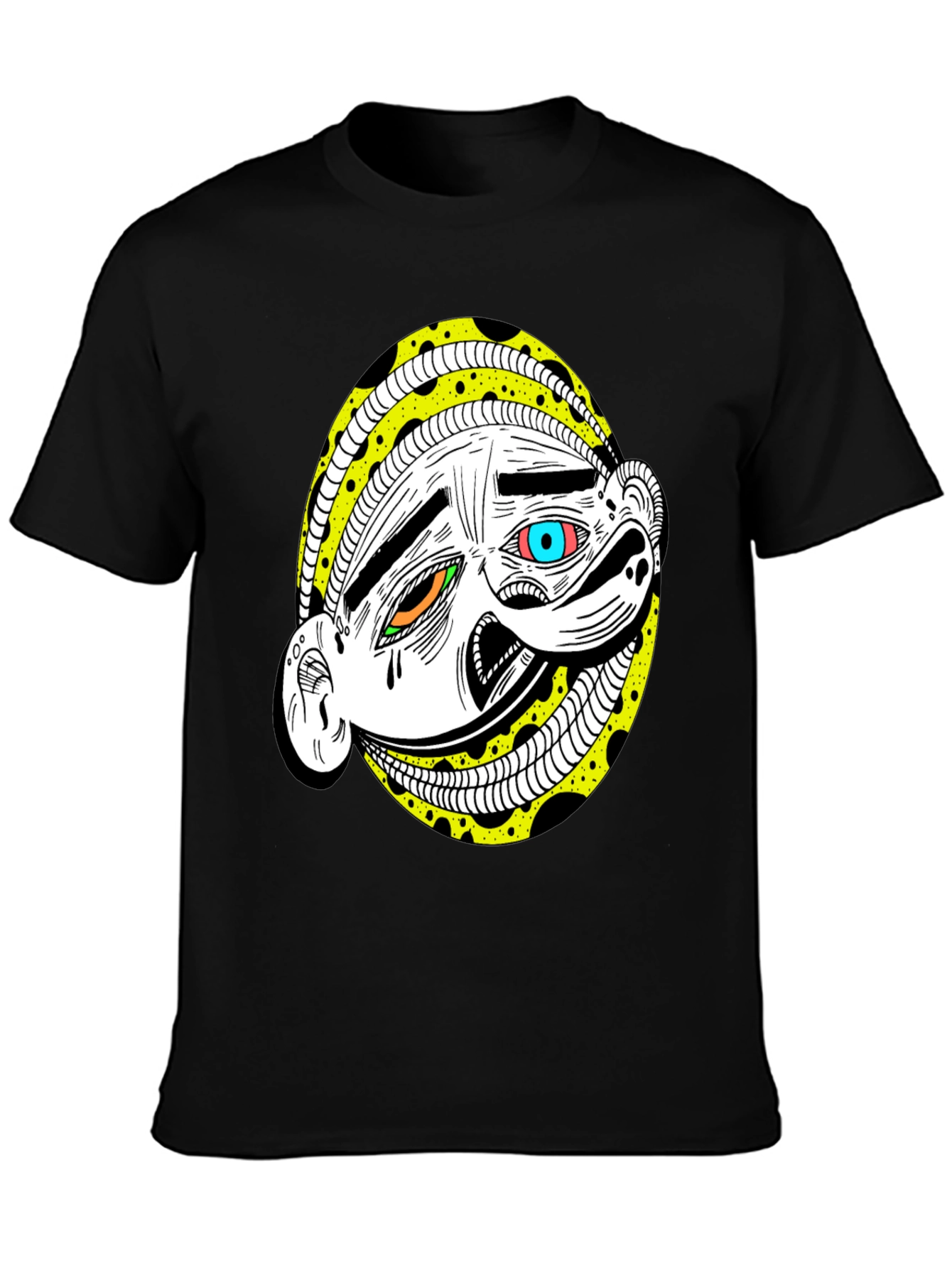 Abstract Cartoon Face Graphic Tee - Black