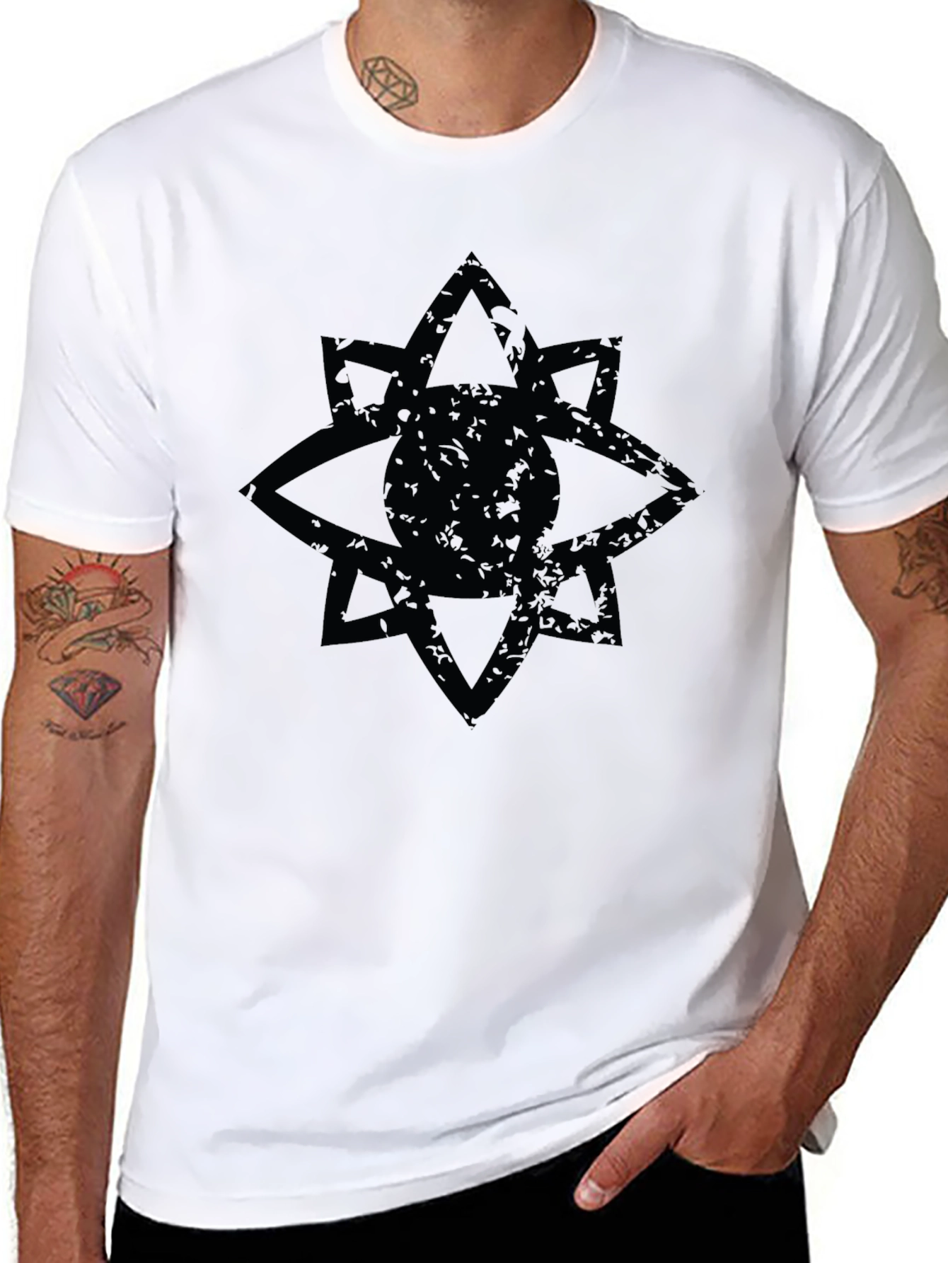Mens Black Graphic Tee - Geometric Star Eye Design
