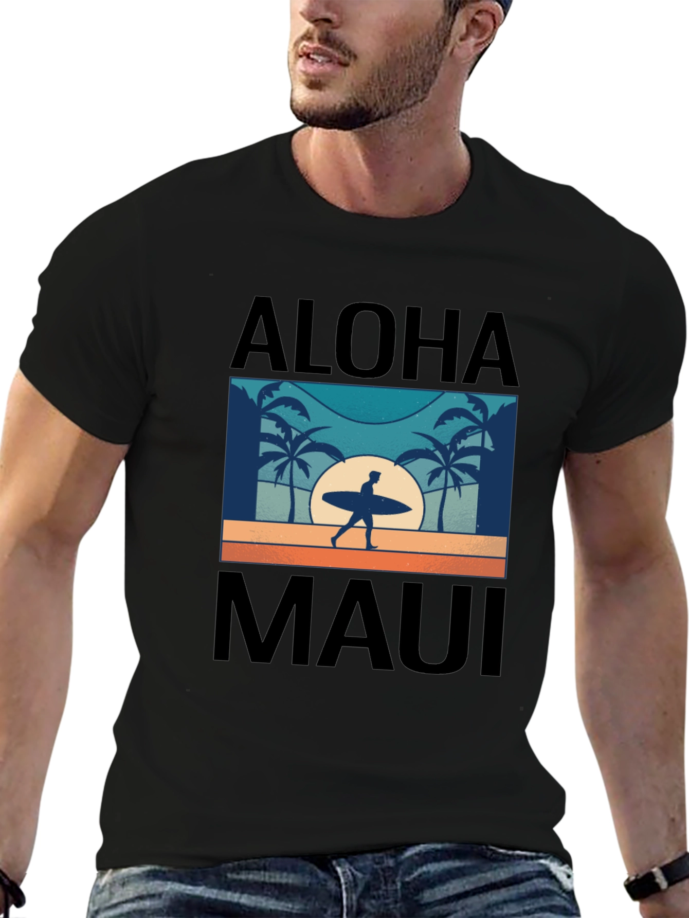 Aloha Maui T-Shirt Surfer Palm Tree Graphic Tee