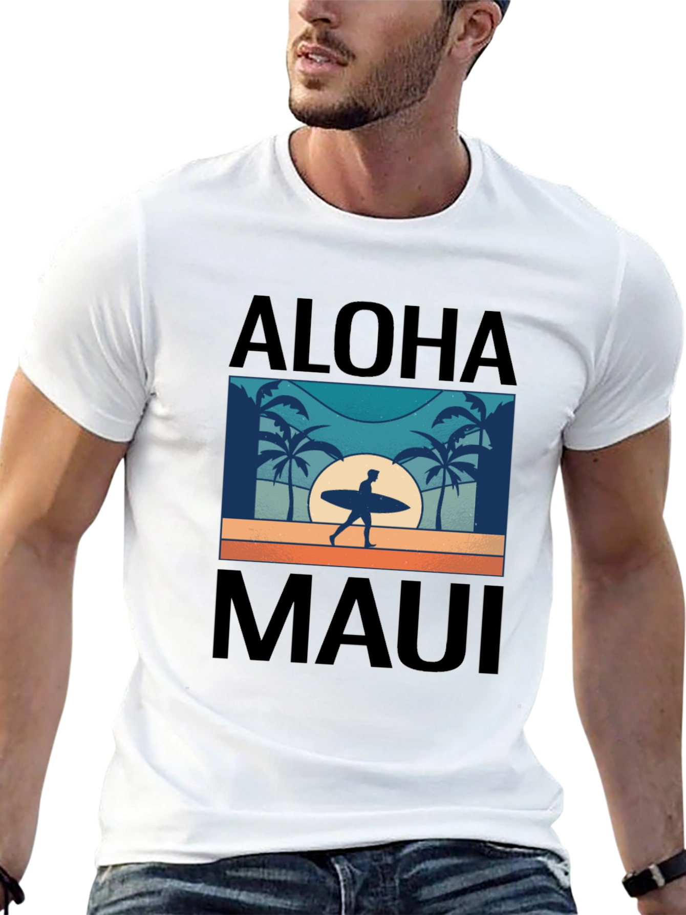 Aloha Maui T-Shirt Surfer Palm Tree Graphic Tee