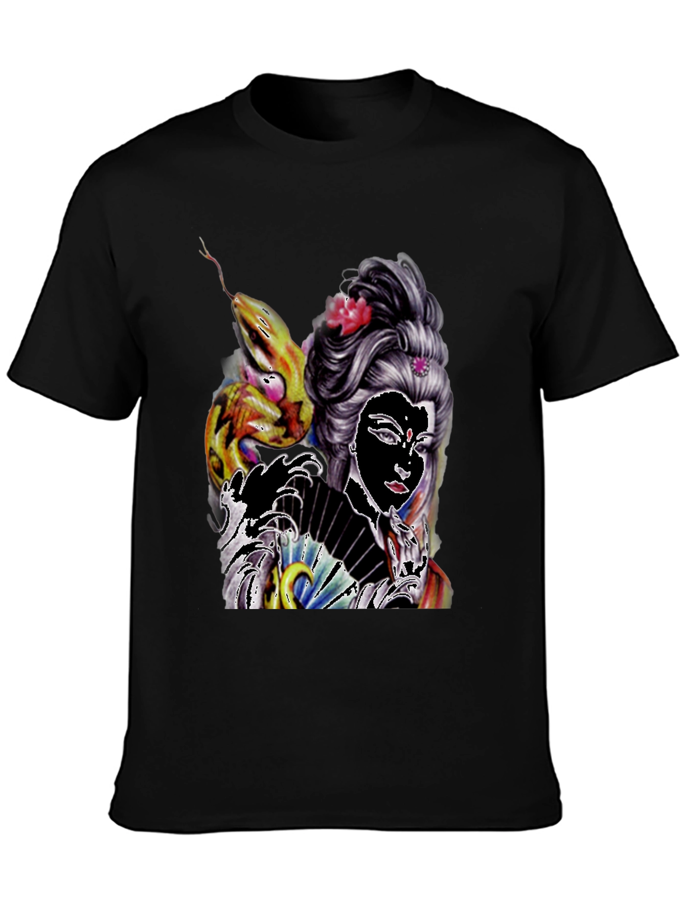 Geisha Snake Graphic T-Shirt - Black