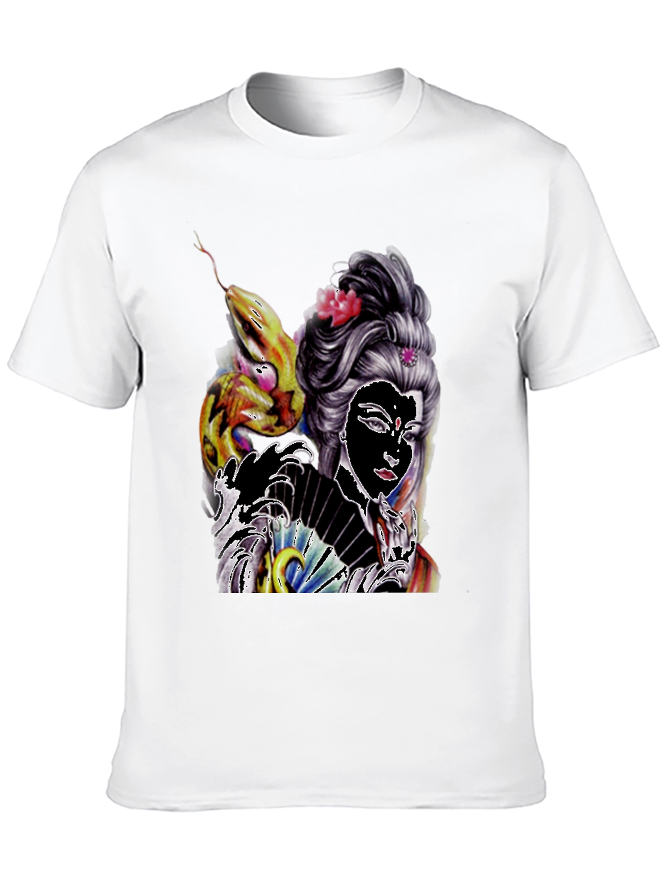 Geisha Snake Graphic T-Shirt - Black