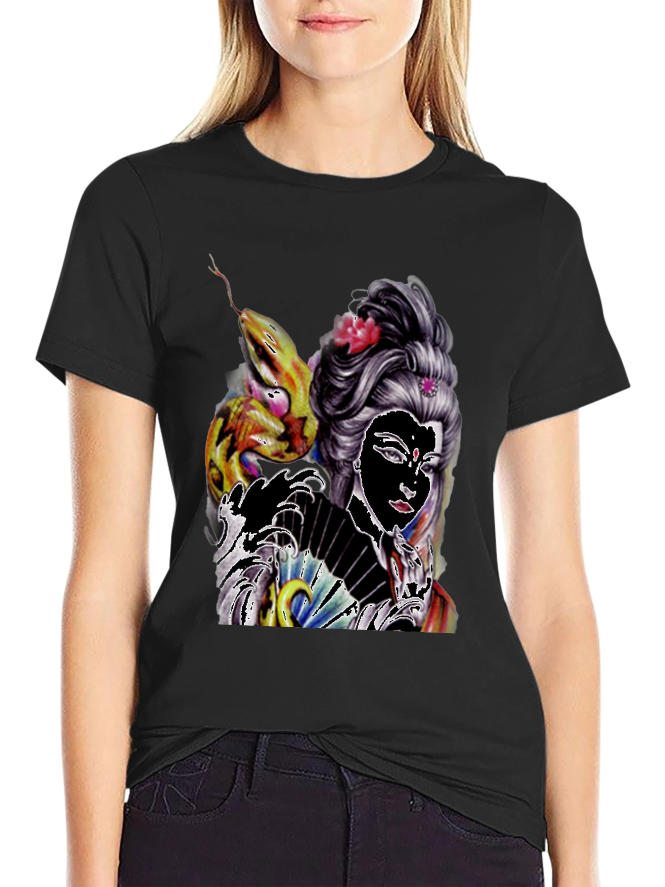 Geisha Snake Graphic T-Shirt - Black