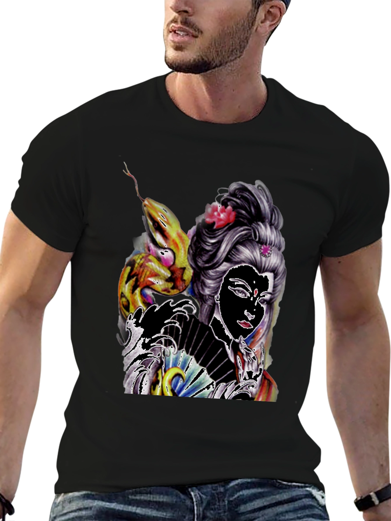 Geisha Snake Graphic T-Shirt - Black
