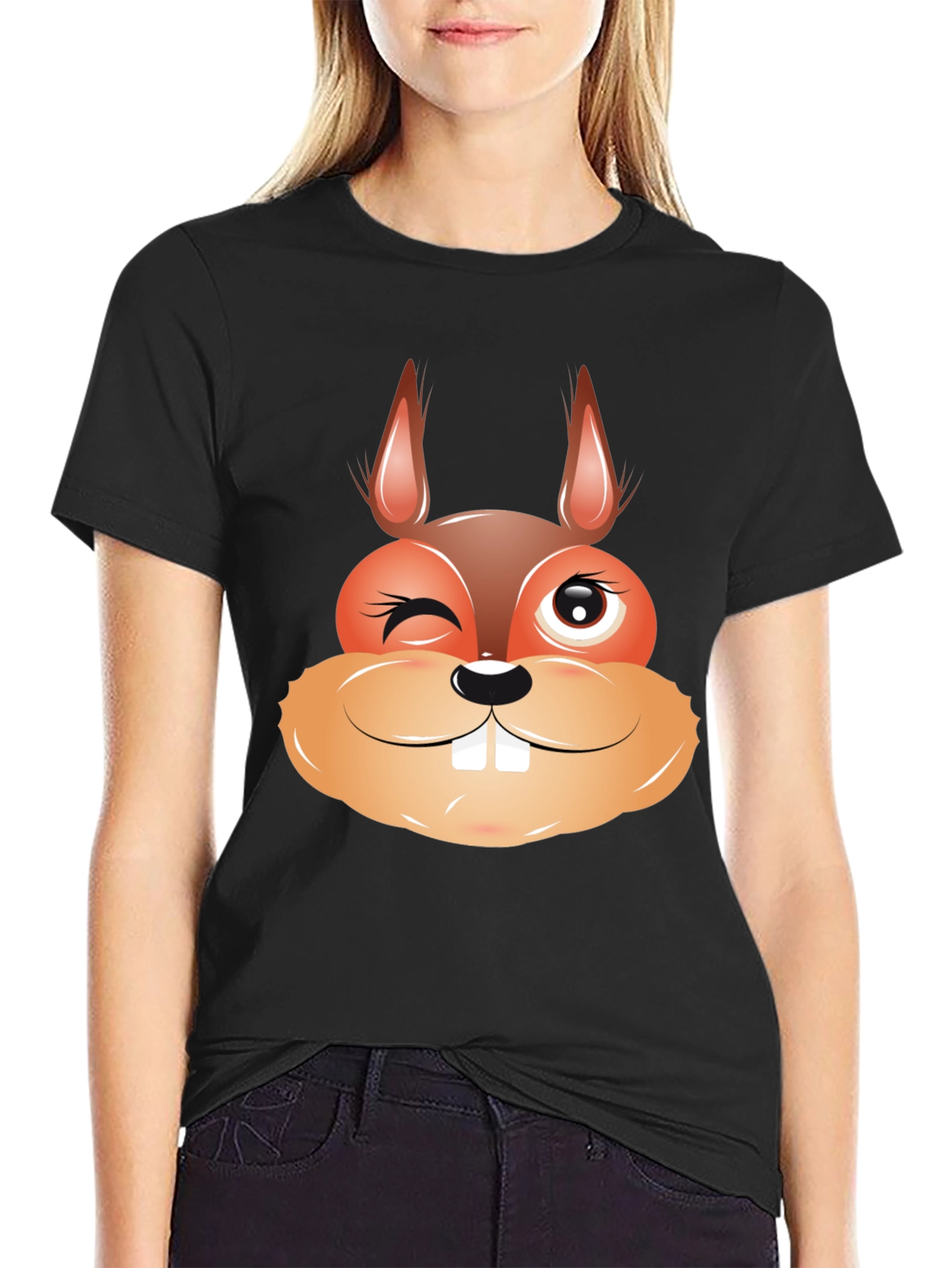 Funny Squirrel Face Graphic Black T-Shirt