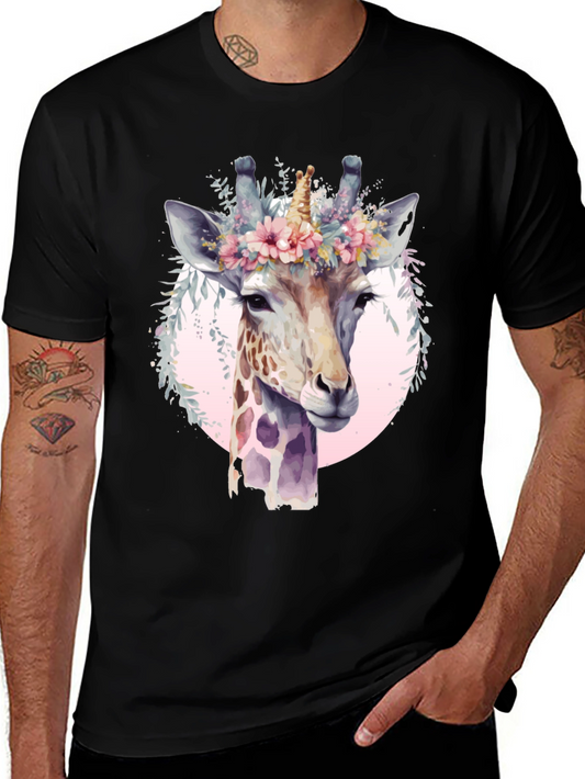 Giraffe Unicorn Floral Crown Black Graphic Tee