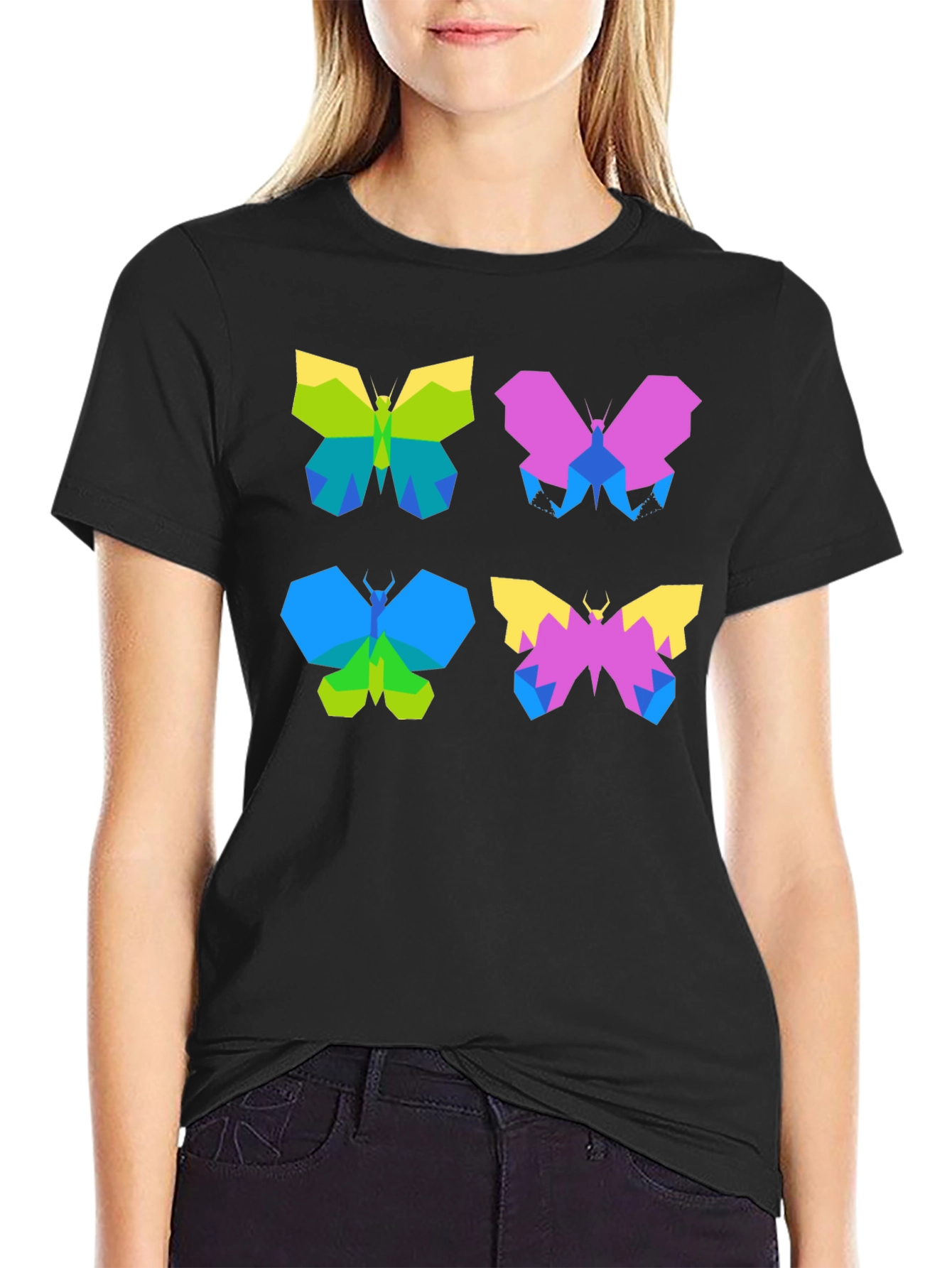 Geometric Butterfly Print Black T-Shirt