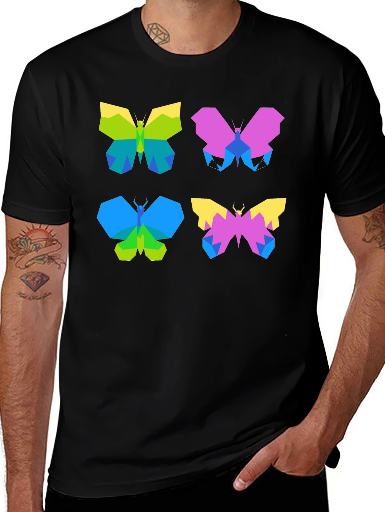 Geometric Butterfly Print Black T-Shirt