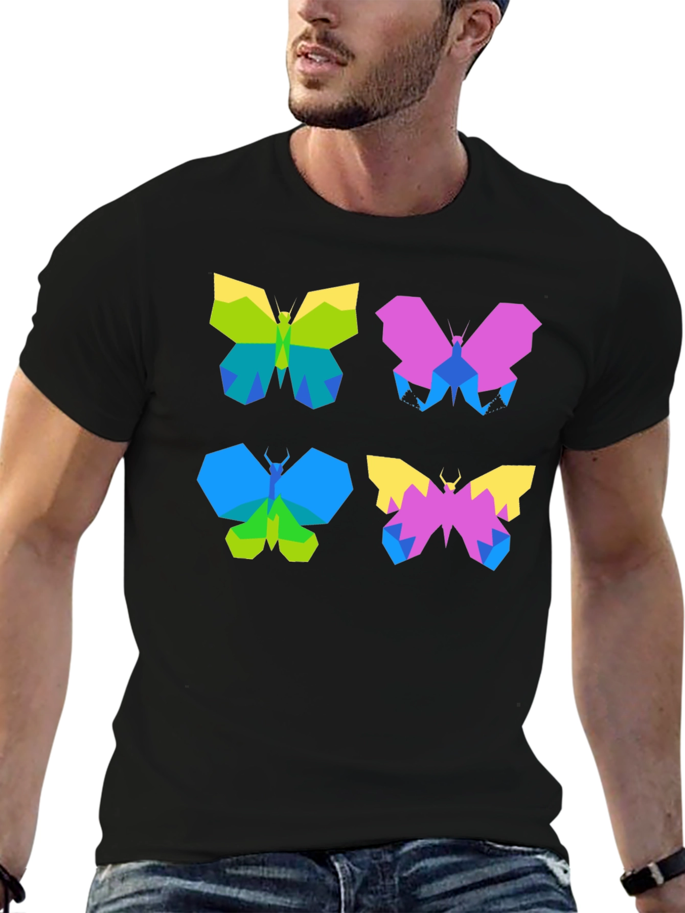 Geometric Butterfly Print Black T-Shirt