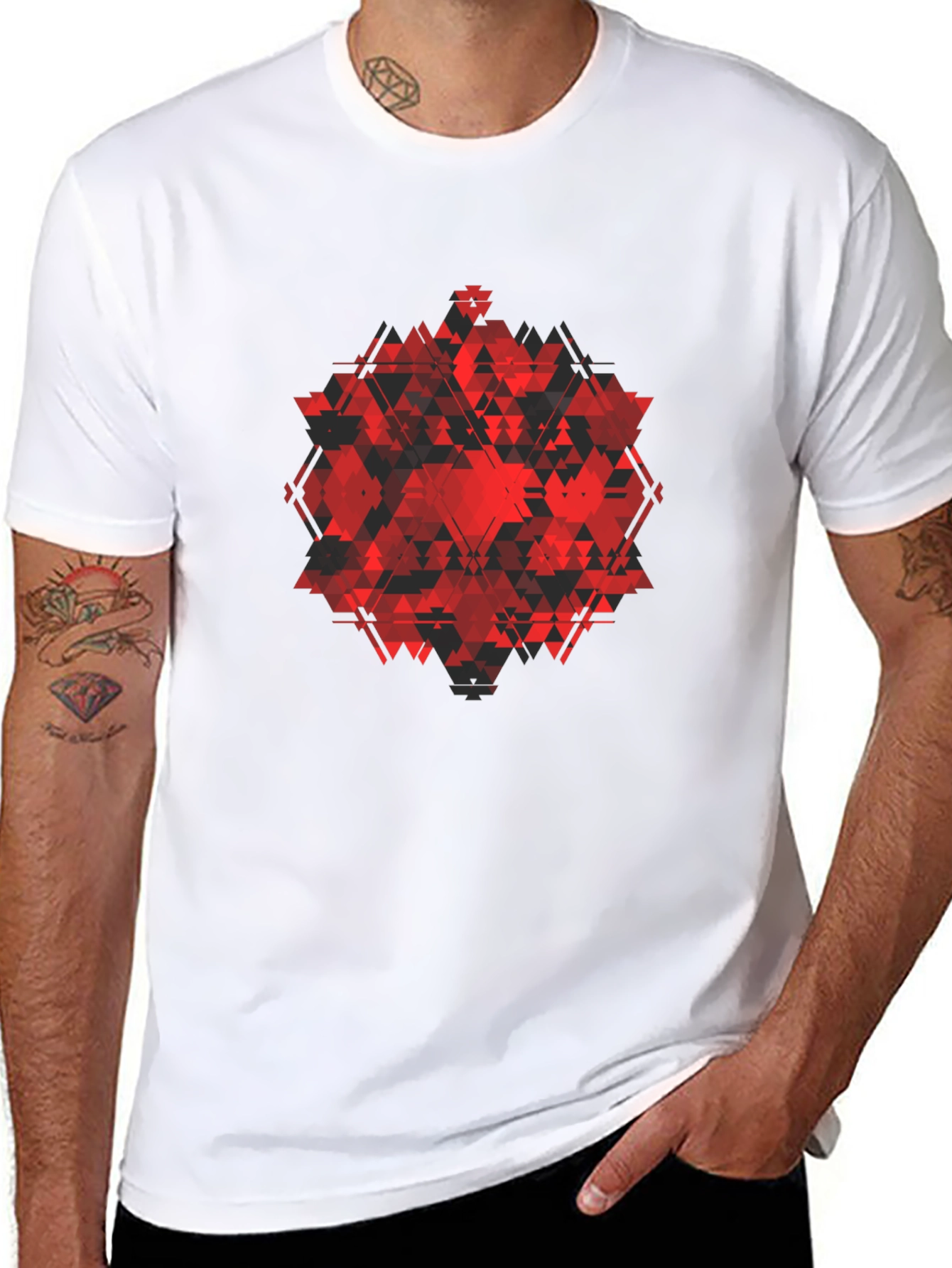 Geometric Red Triangle Graphic Black T-Shirt