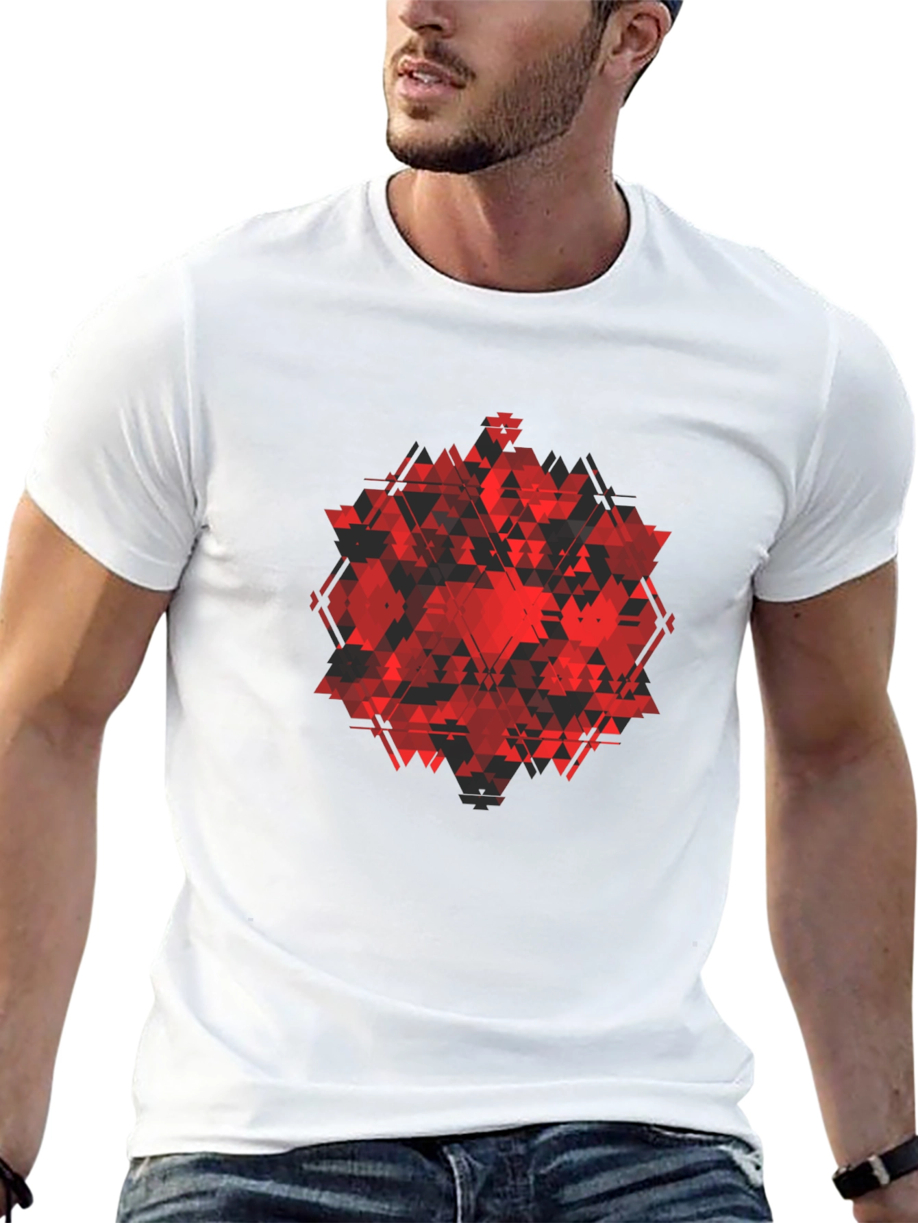 Geometric Red Triangle Graphic Black T-Shirt