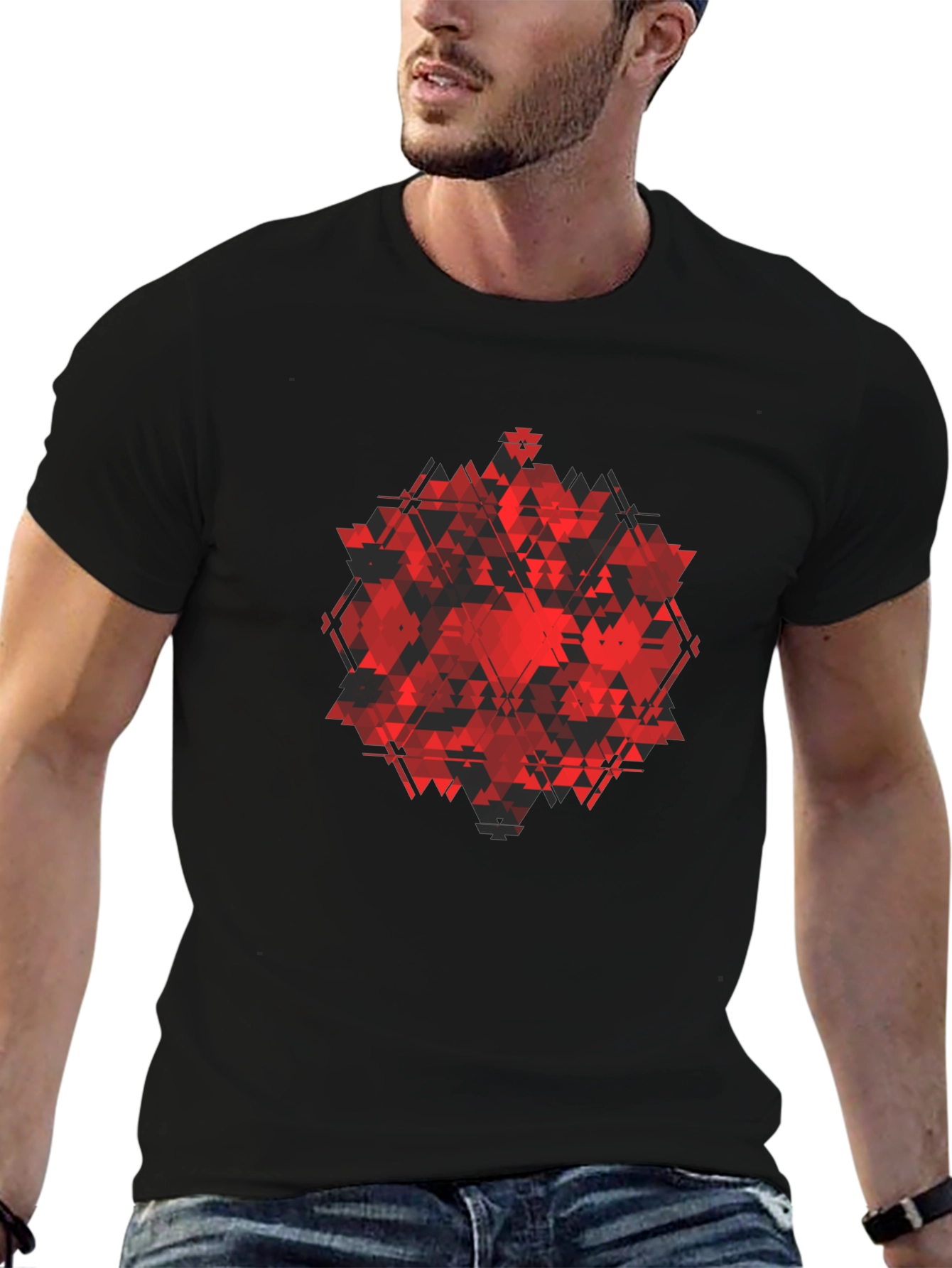 Geometric Red Triangle Graphic Black T-Shirt