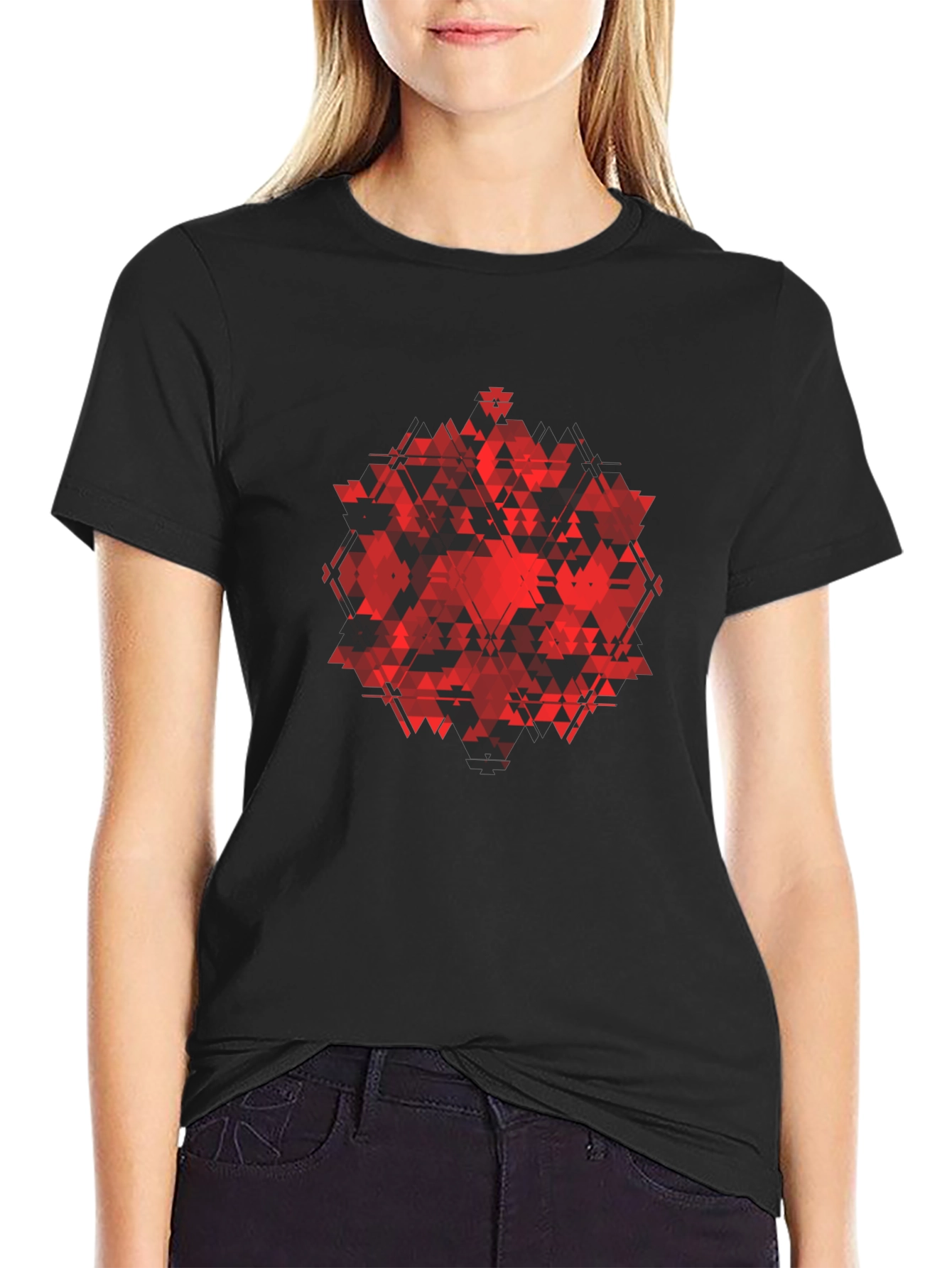 Geometric Red Triangle Graphic Black T-Shirt