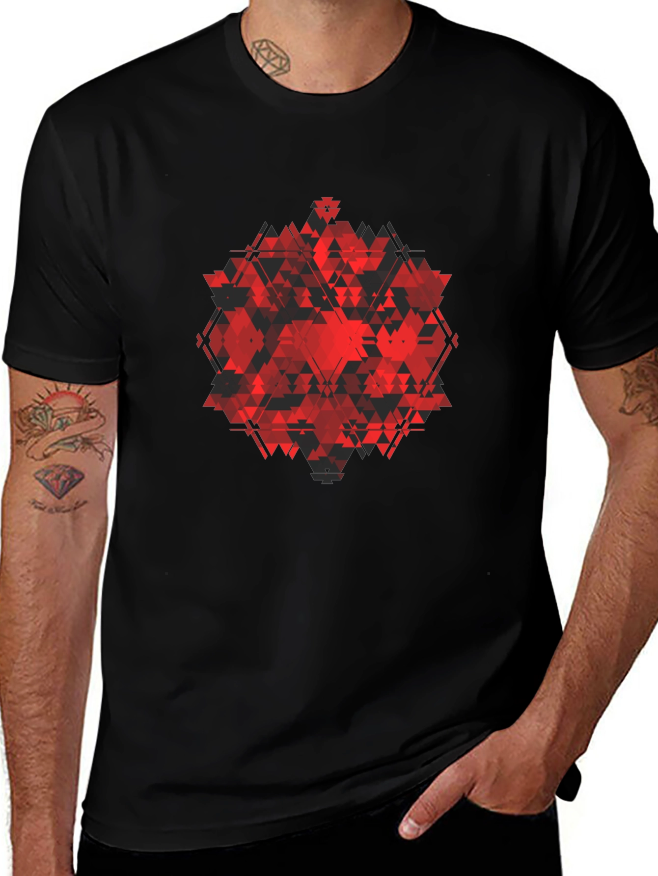 Geometric Red Triangle Graphic Black T-Shirt