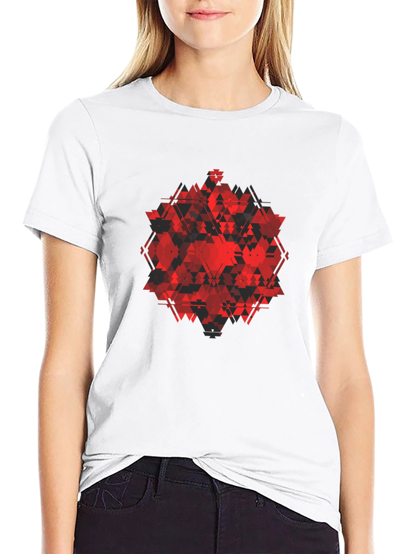 Geometric Red Triangle Graphic Black T-Shirt