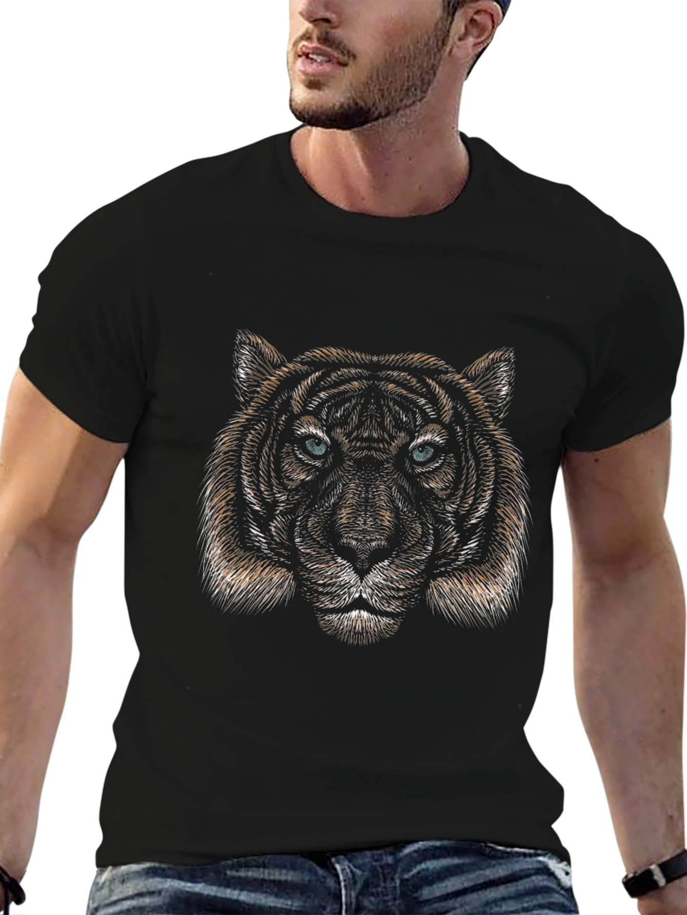 Tiger Face Graphic Black T-Shirt - Mens Fashion