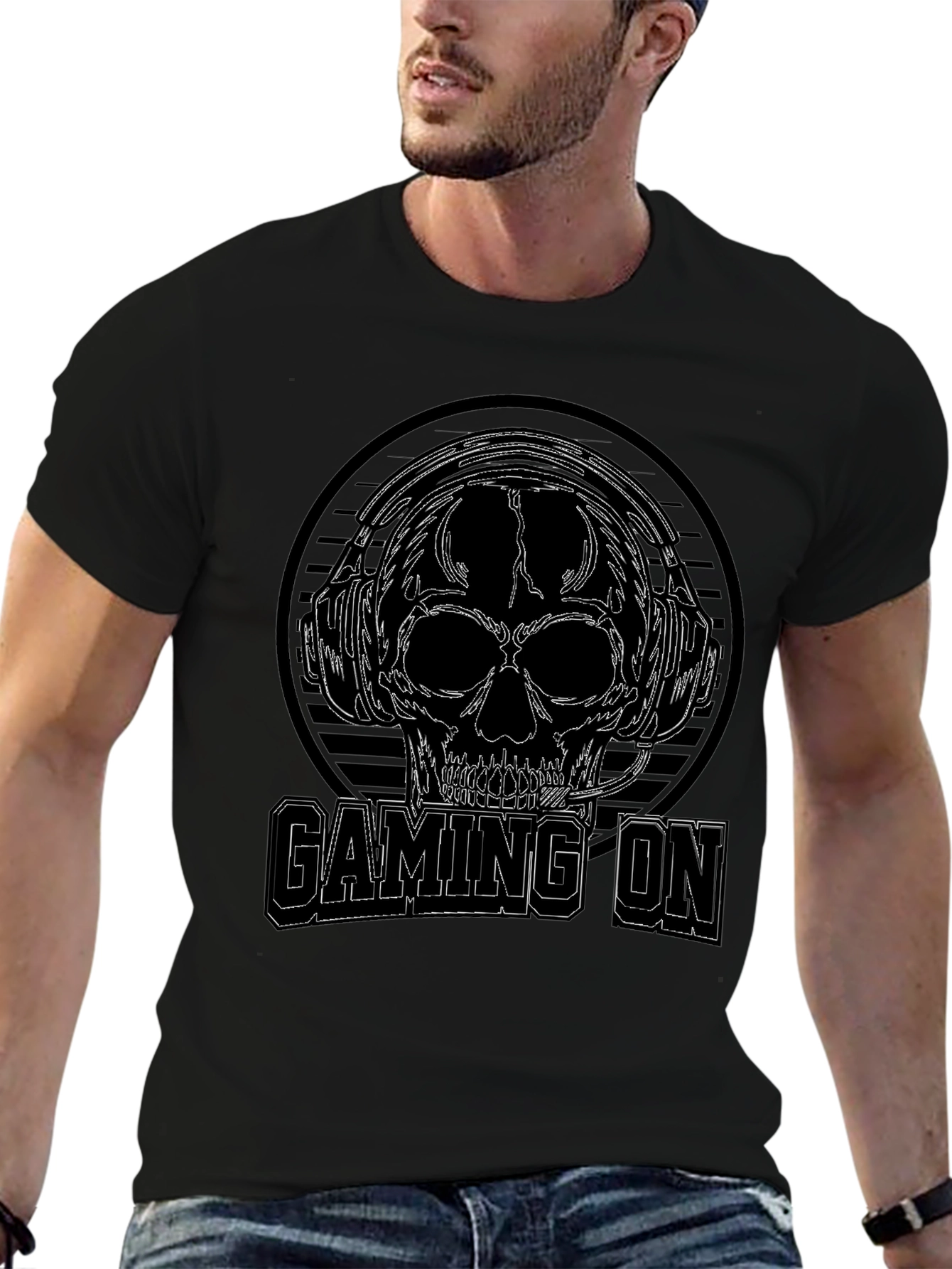 Gaming On Skull Graphic Black T-Shirt