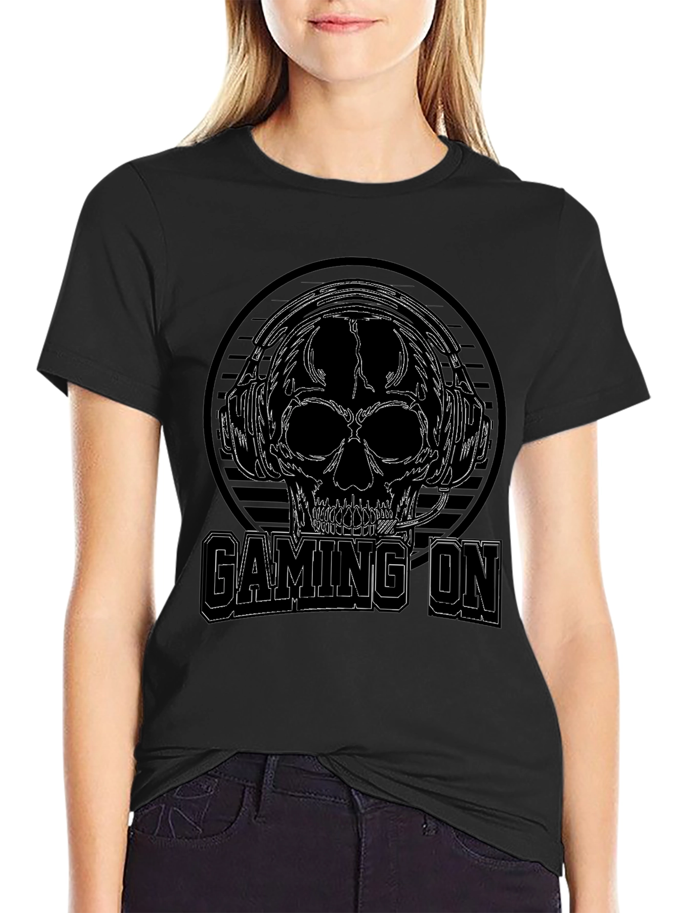 Gaming On Skull Graphic Black T-Shirt