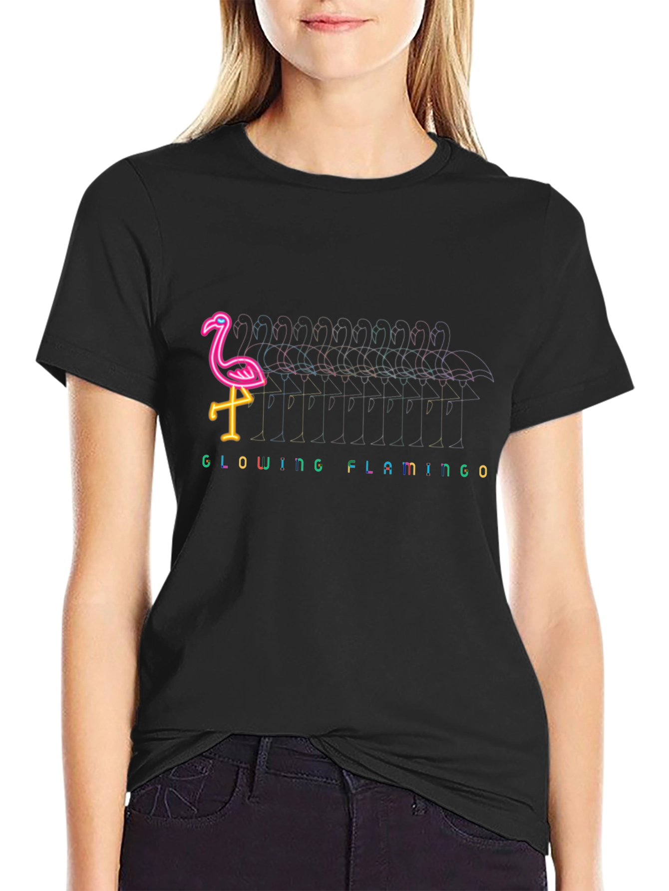 Glowing Flamingo Graphic Tee - Black