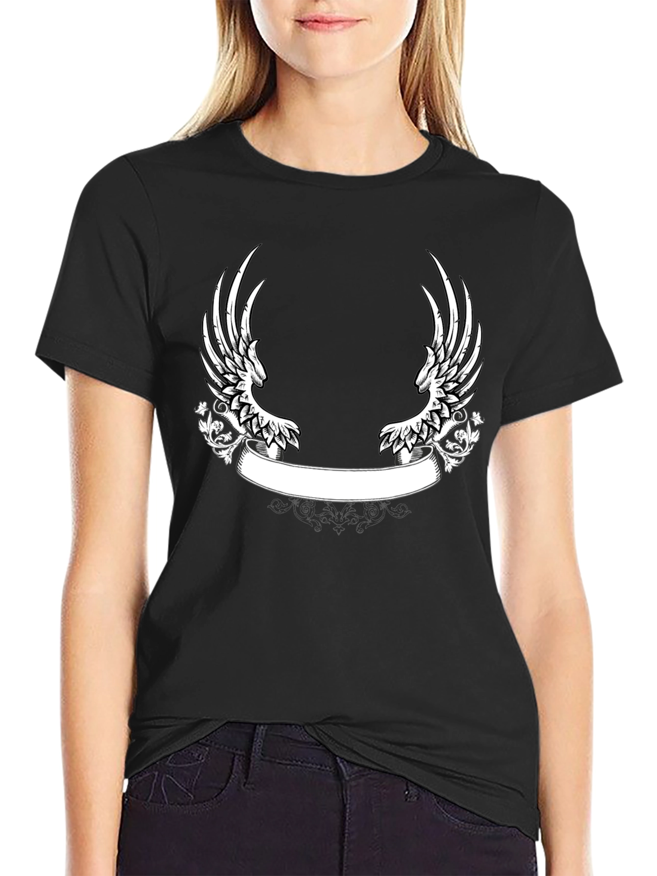 Black T-Shirt with Wing and Banner Design