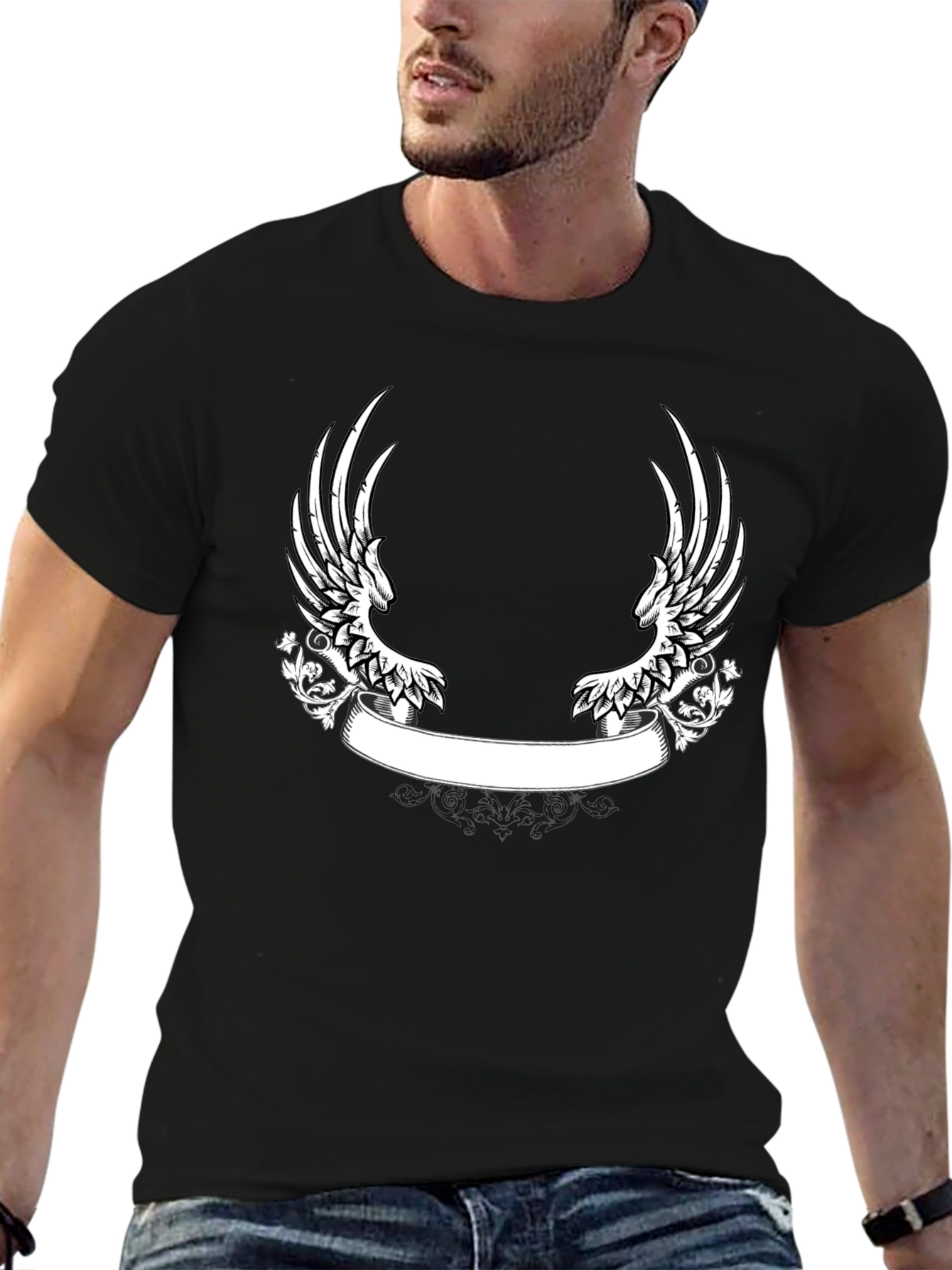 Black T-Shirt with Wing and Banner Design