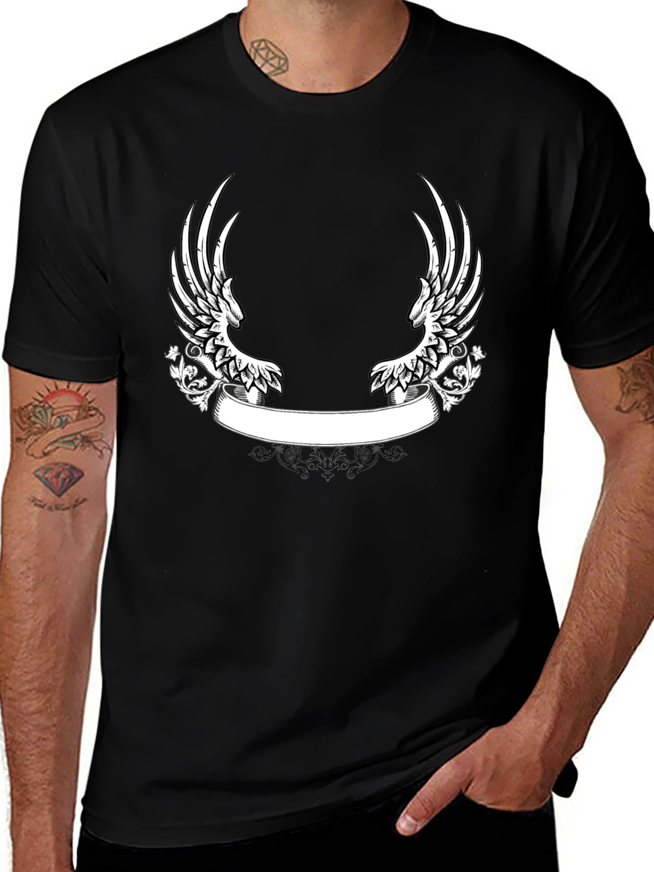 Black T-Shirt with Wing and Banner Design