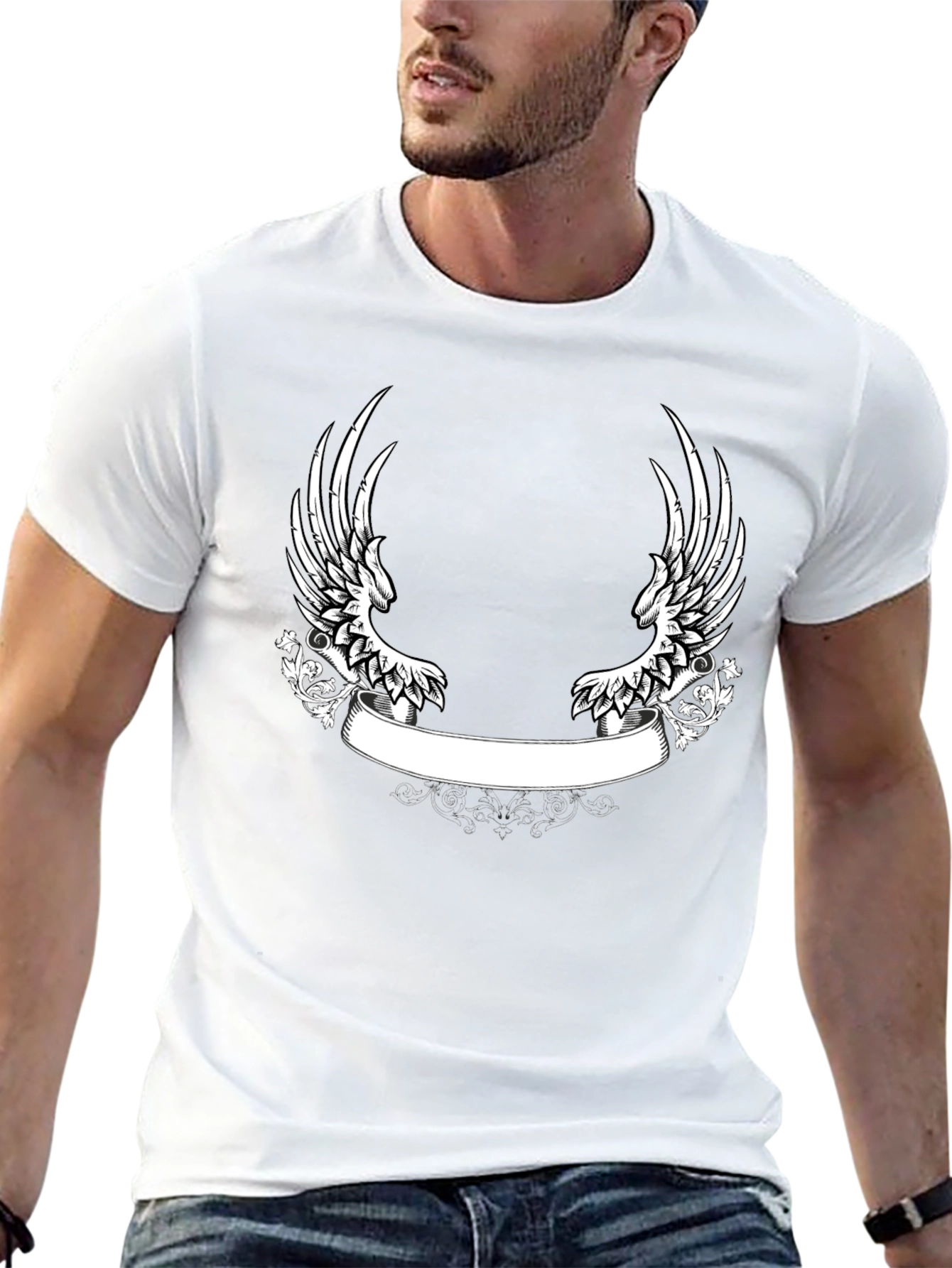 Black T-Shirt with Wing and Banner Design