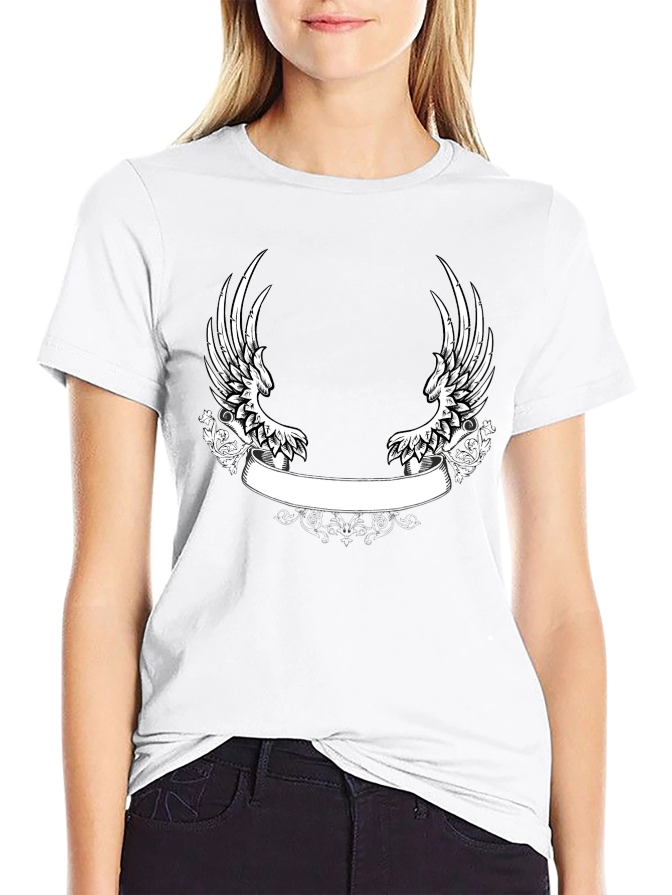 Black T-Shirt with Wing and Banner Design