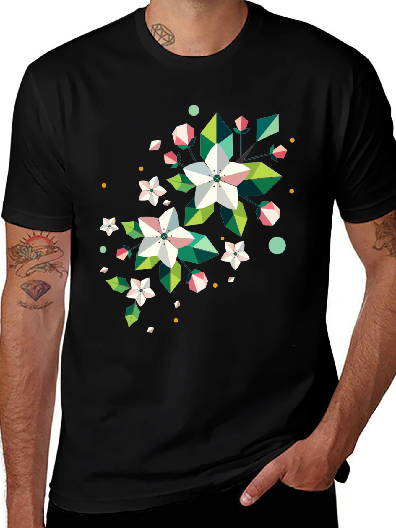 Geometric Floral Print Black T-Shirt
