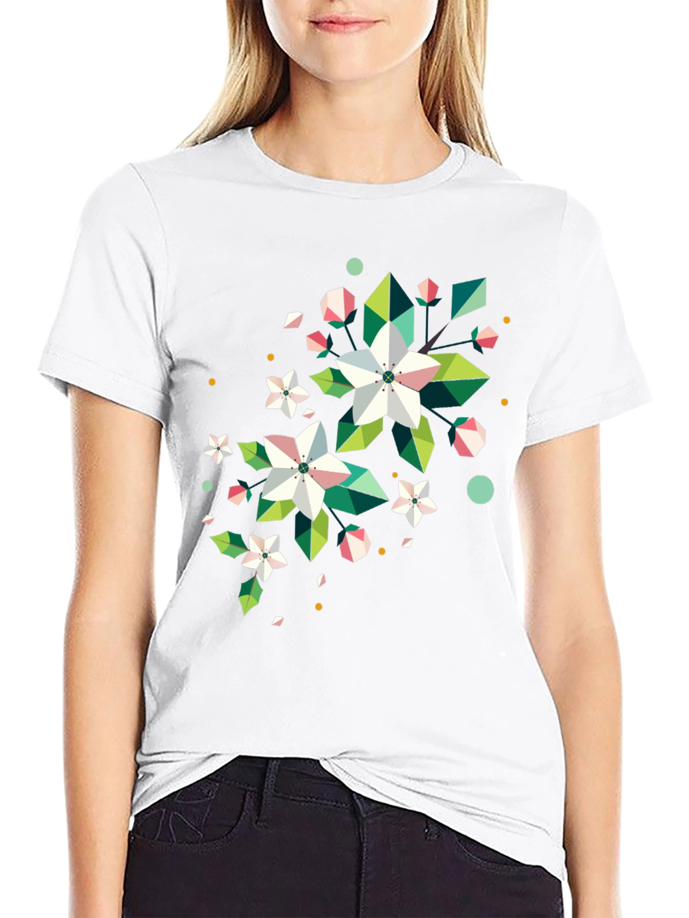 Geometric Floral Print Black T-Shirt