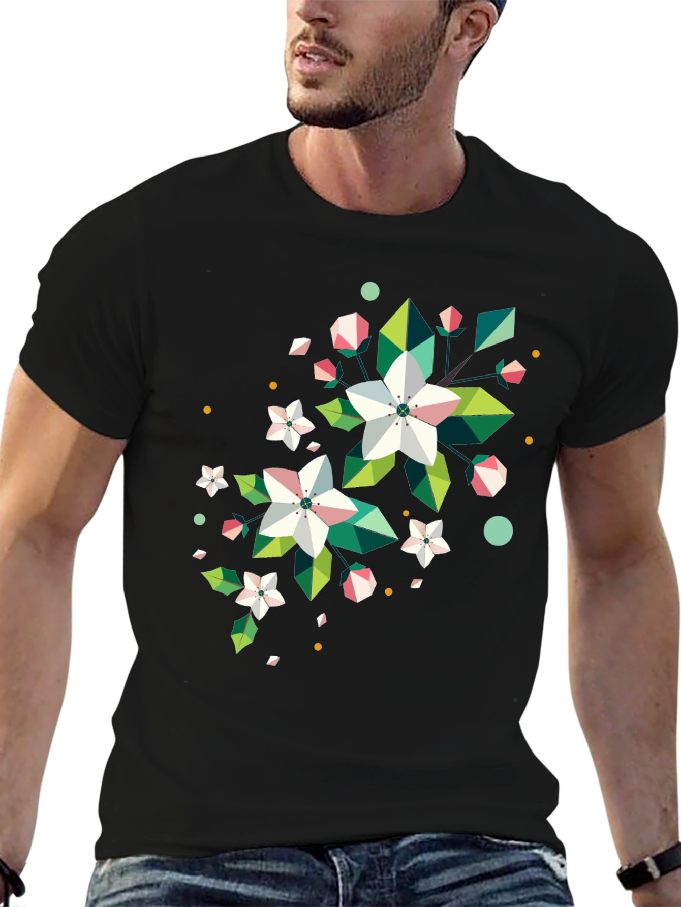 Geometric Floral Print Black T-Shirt