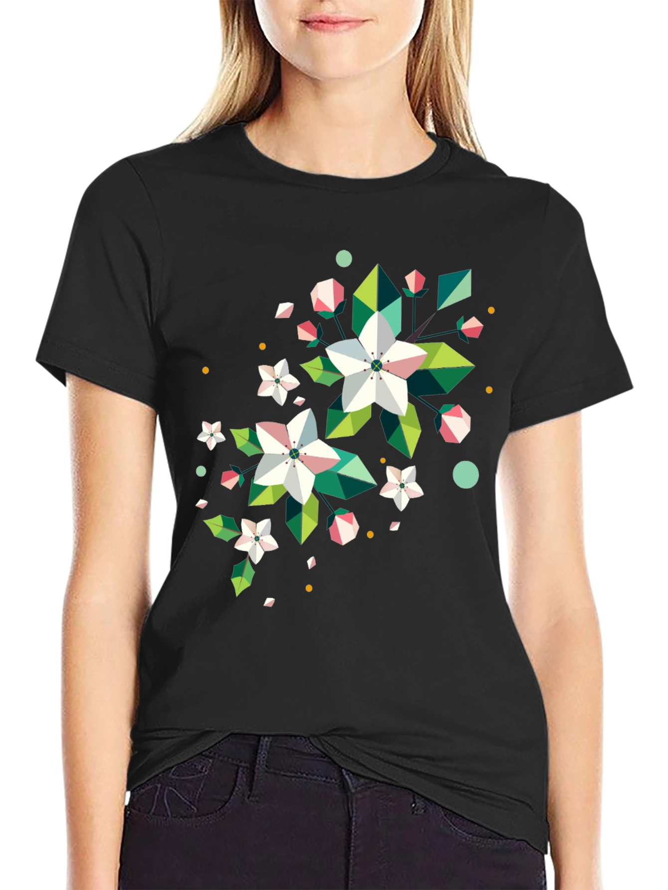 Geometric Floral Print Black T-Shirt