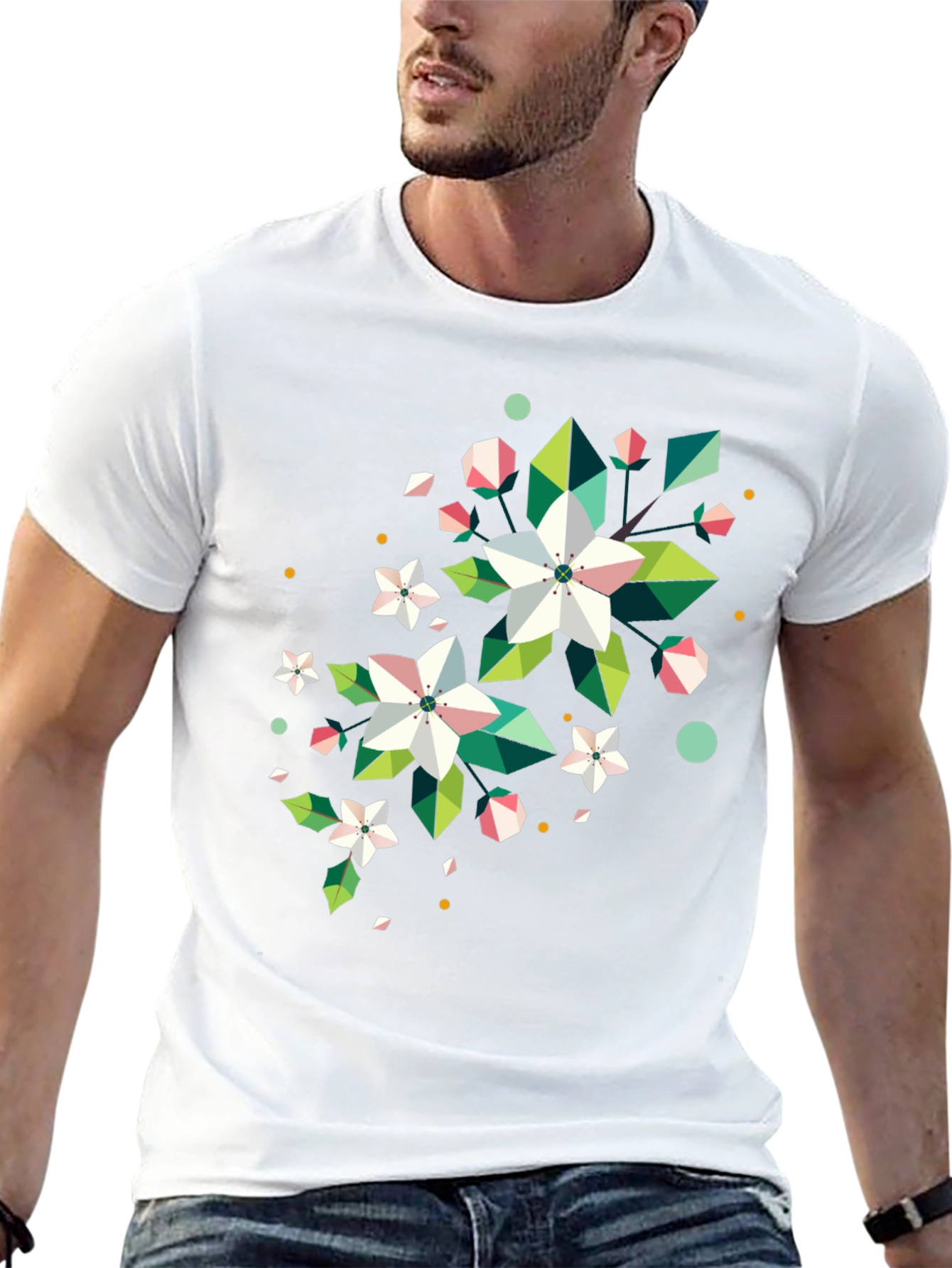 Geometric Floral Print Black T-Shirt