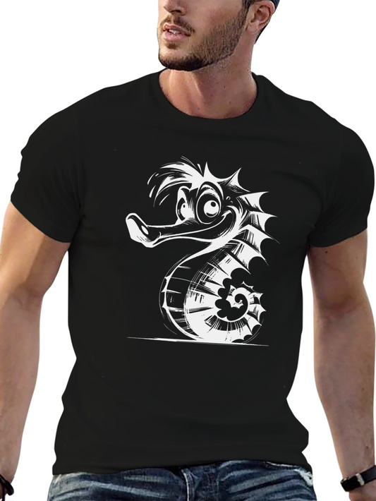 Funny Seahorse Graphic Black T-Shirt