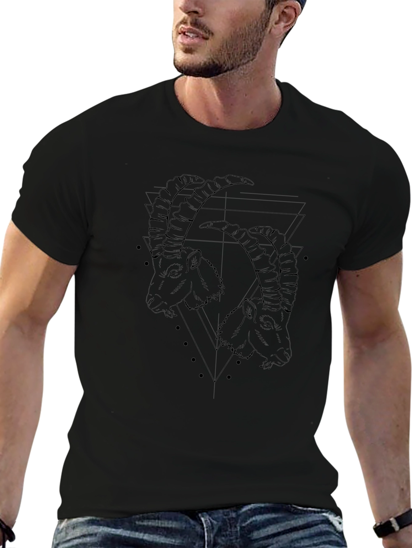 Geometric Goat Head Graphic Black T-Shirt