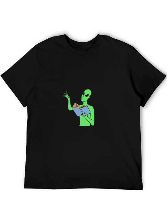 Alien Reading Book Graphic Tee - Black Cotton Casual Shirt