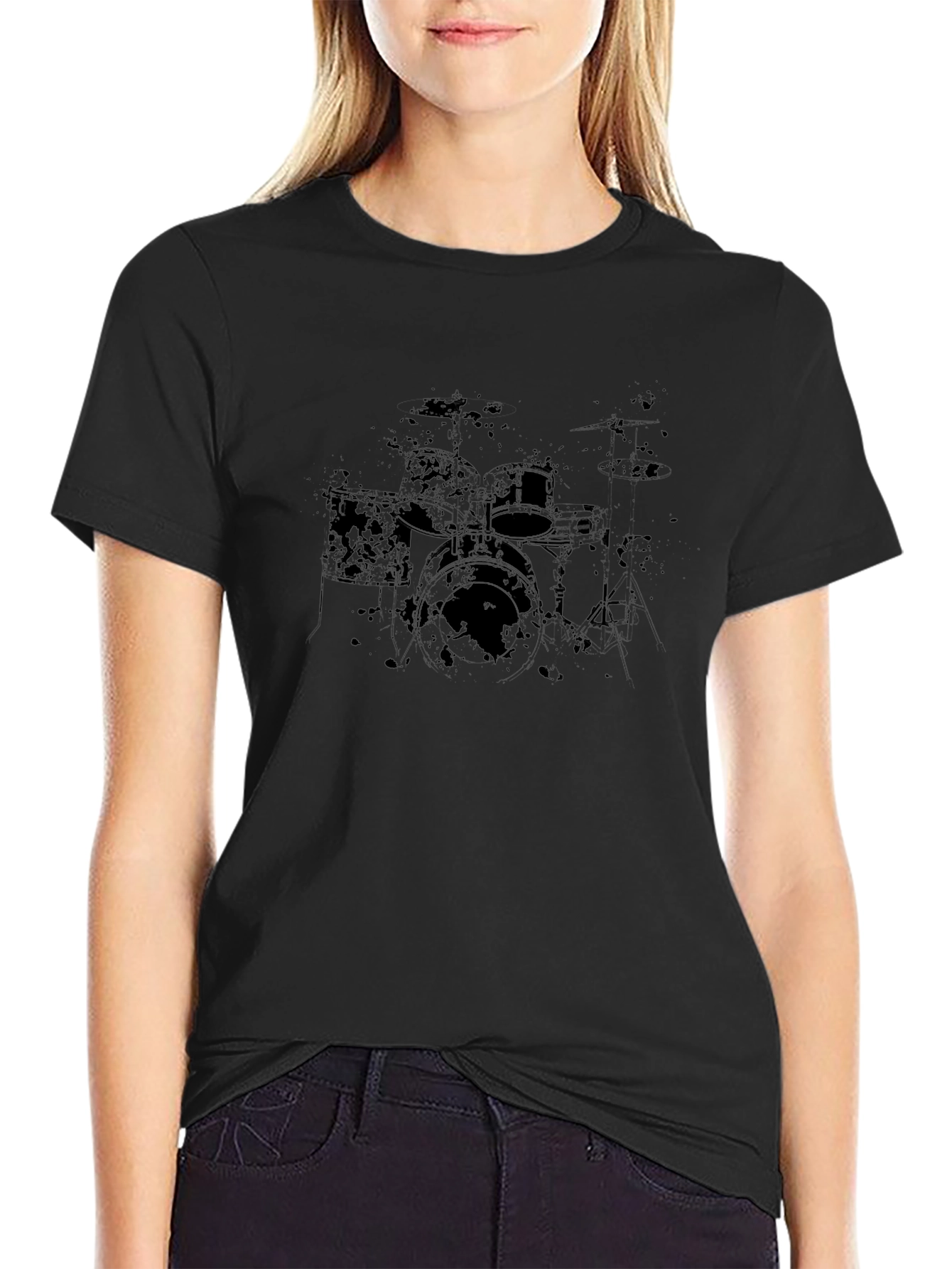Distressed Drum Set Graphic Black T-Shirt