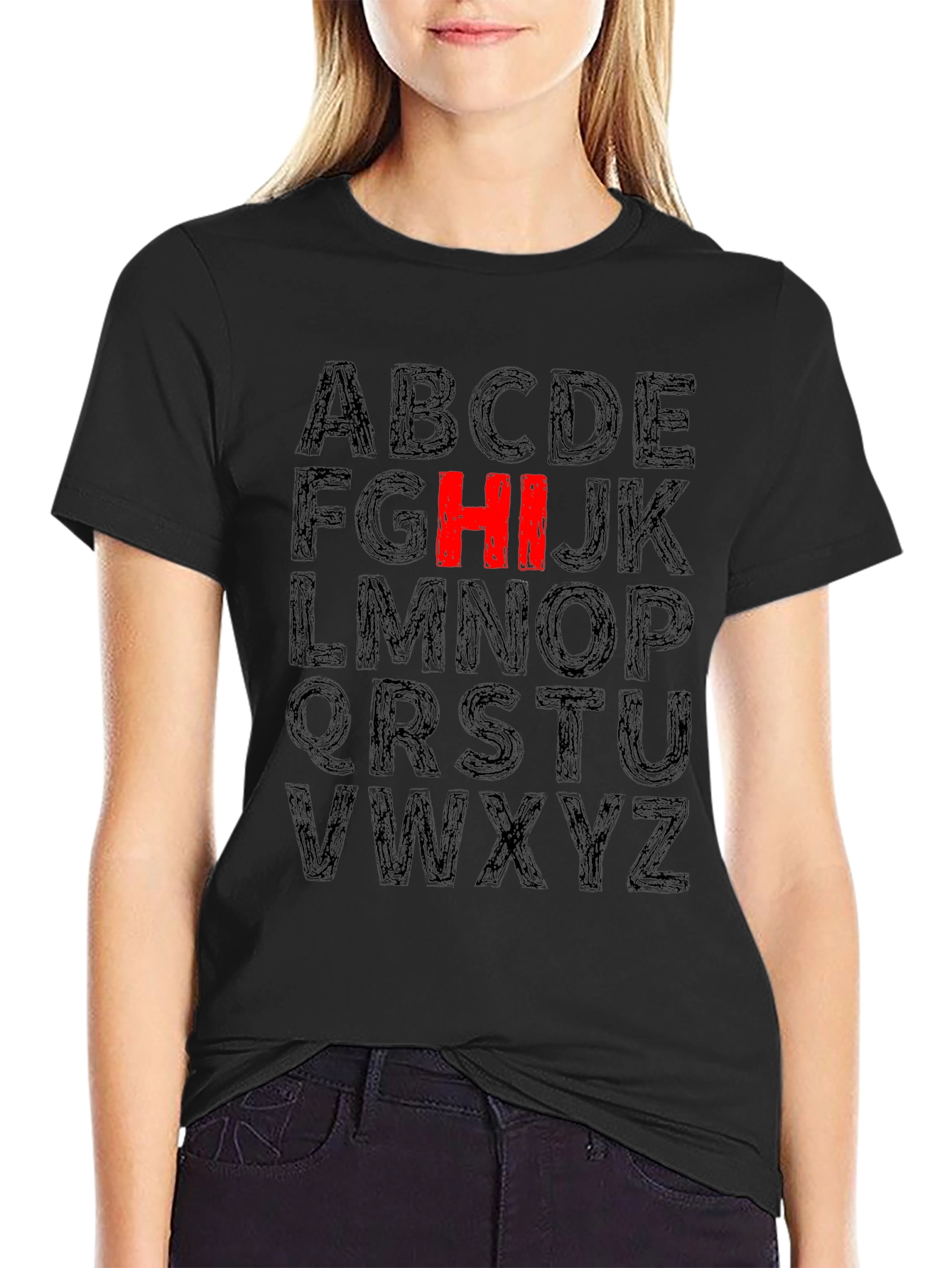 Alphabet HI Graphic Tee - Casual Black T-Shirt