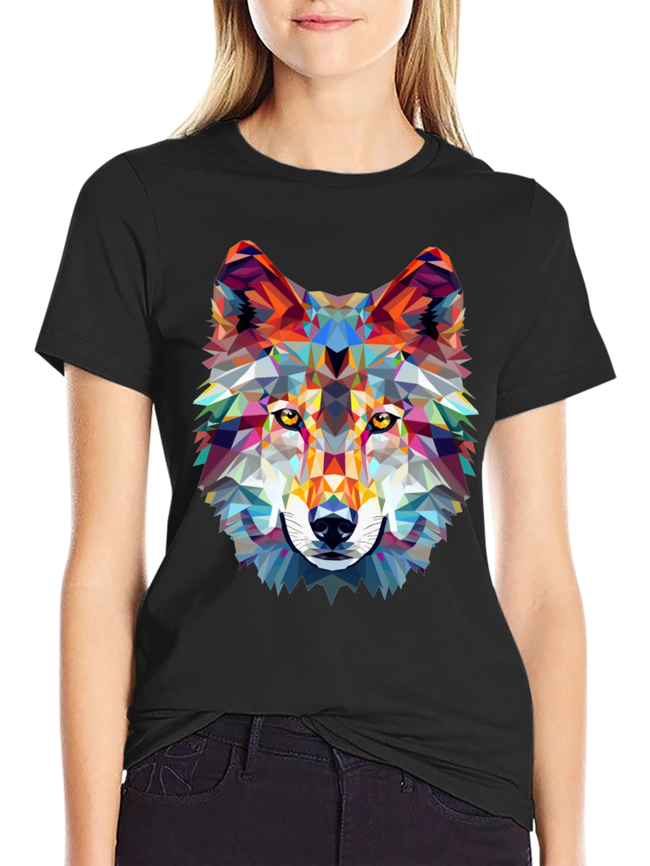 Geometric Wolf Graphic Print Black T-Shirt