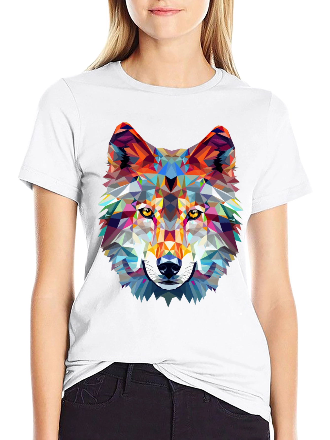 Geometric Wolf Graphic Print Black T-Shirt